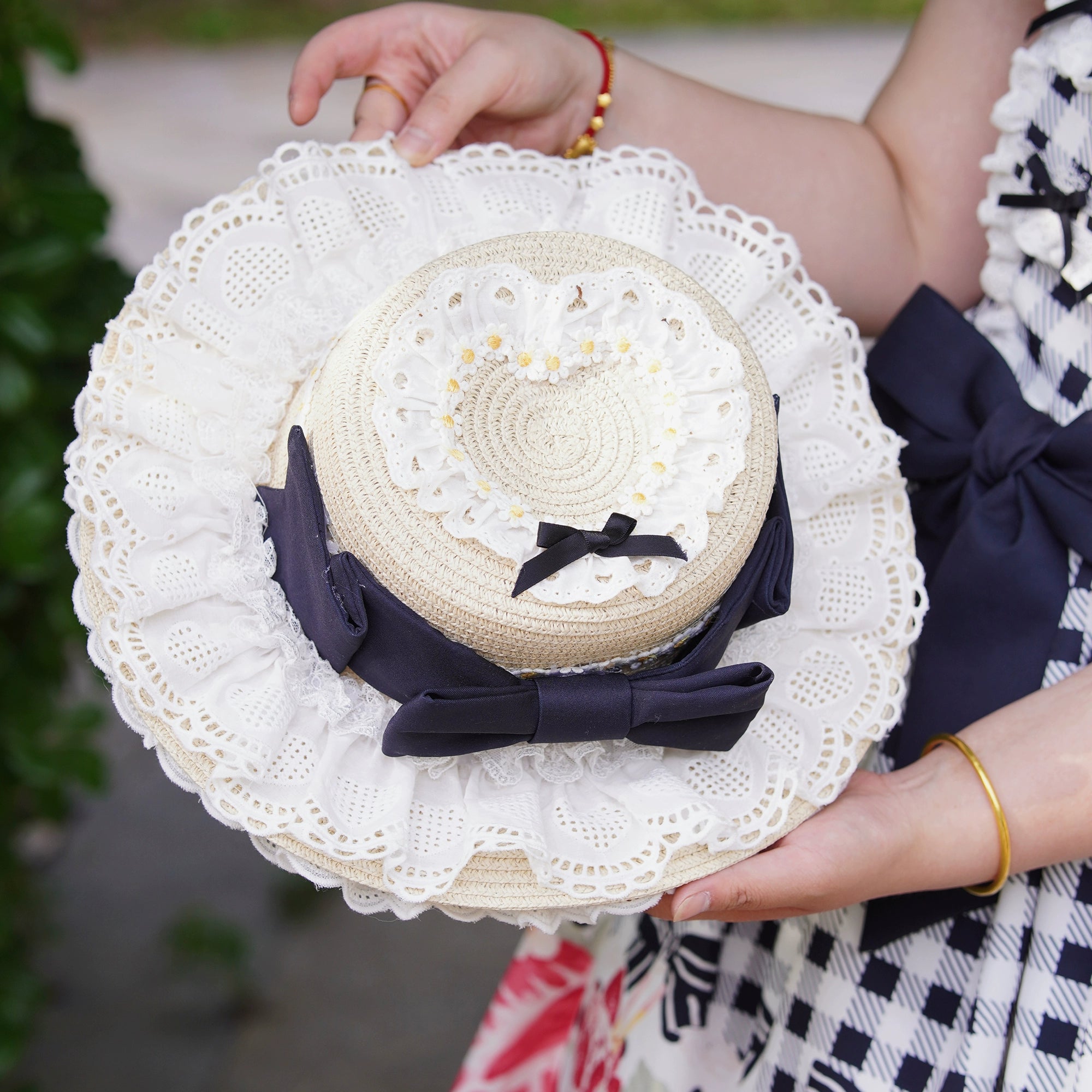 Chubby Cat Diary - Gingham Strawberry - Plus Size Country Lolita OP Dress Black Straw Hat Only (one size / choose M) S