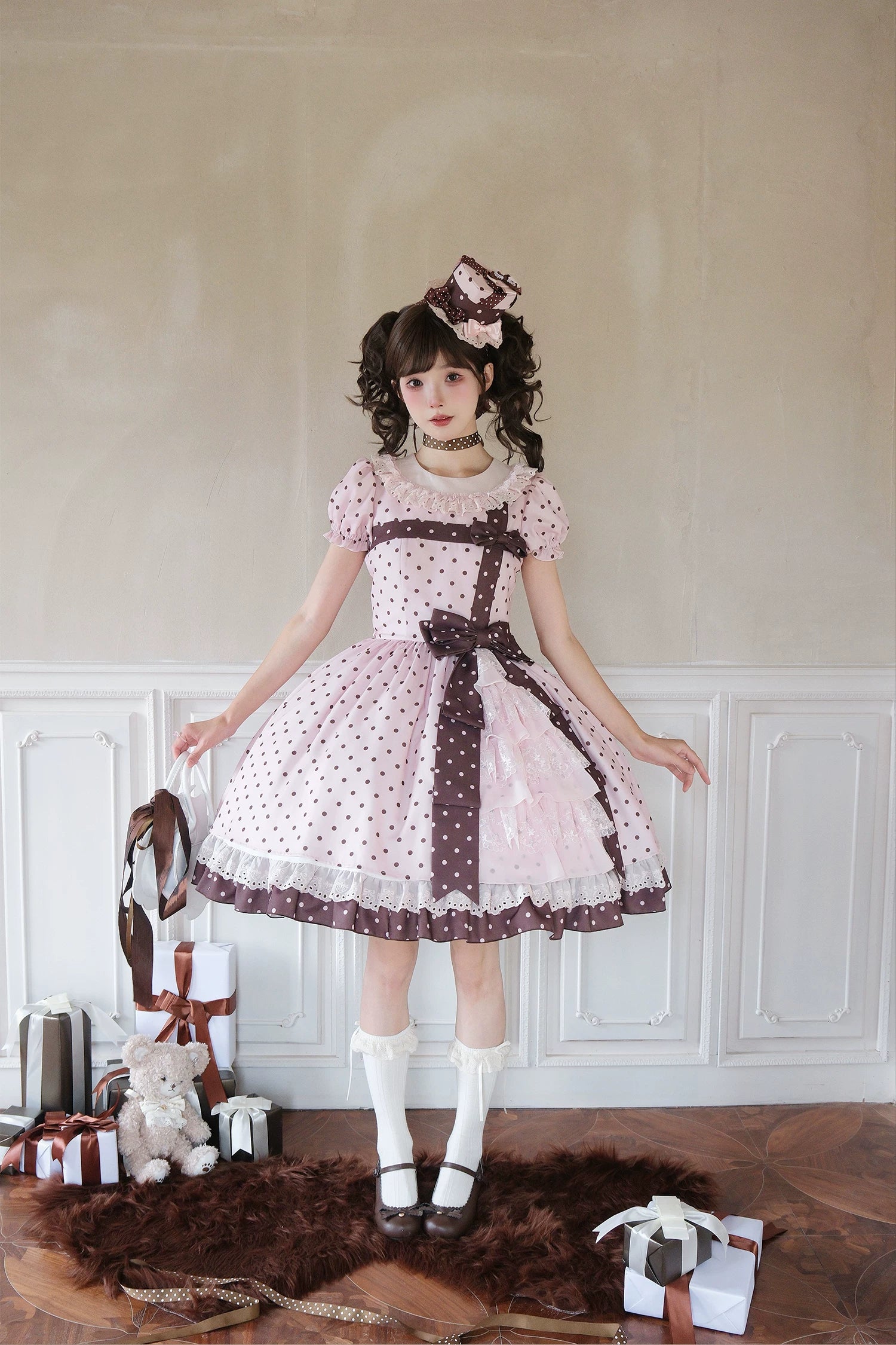 Coralie Box - Old School Lolita Polka Dot OP Dress, Cotton Round Collar 45520:851985