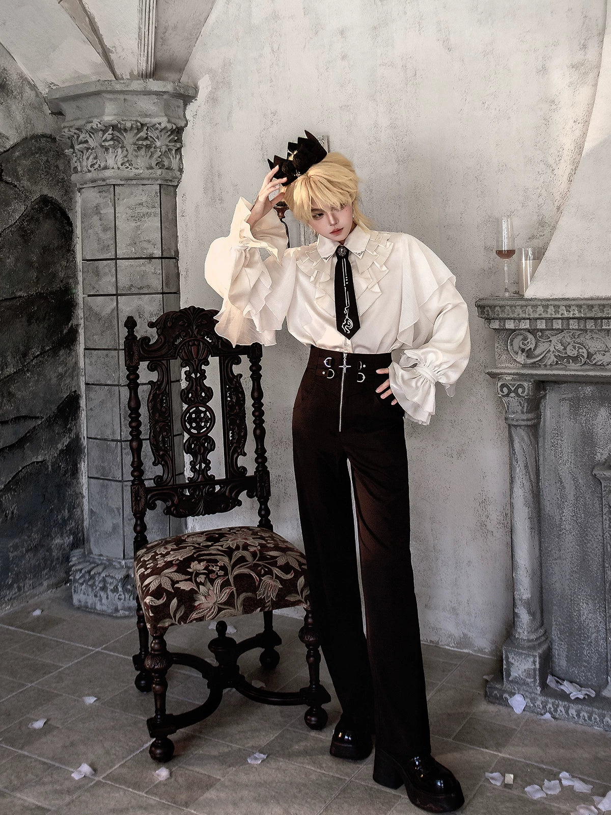 Hidden Crow - Ouji Lolita Cloak & Pants Suit, Silver-Thread Embroidery 46041:873258