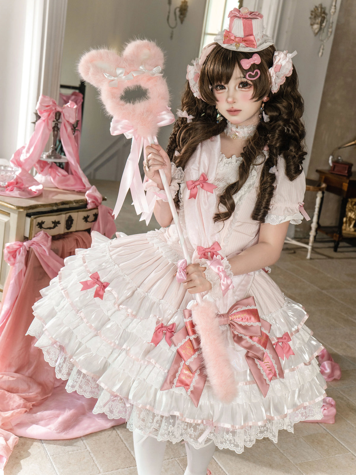 Sparkle Annie - Plus Size Sweet Lolita Top & SK Set, Cream Pink Pinstripe 45943:869249
