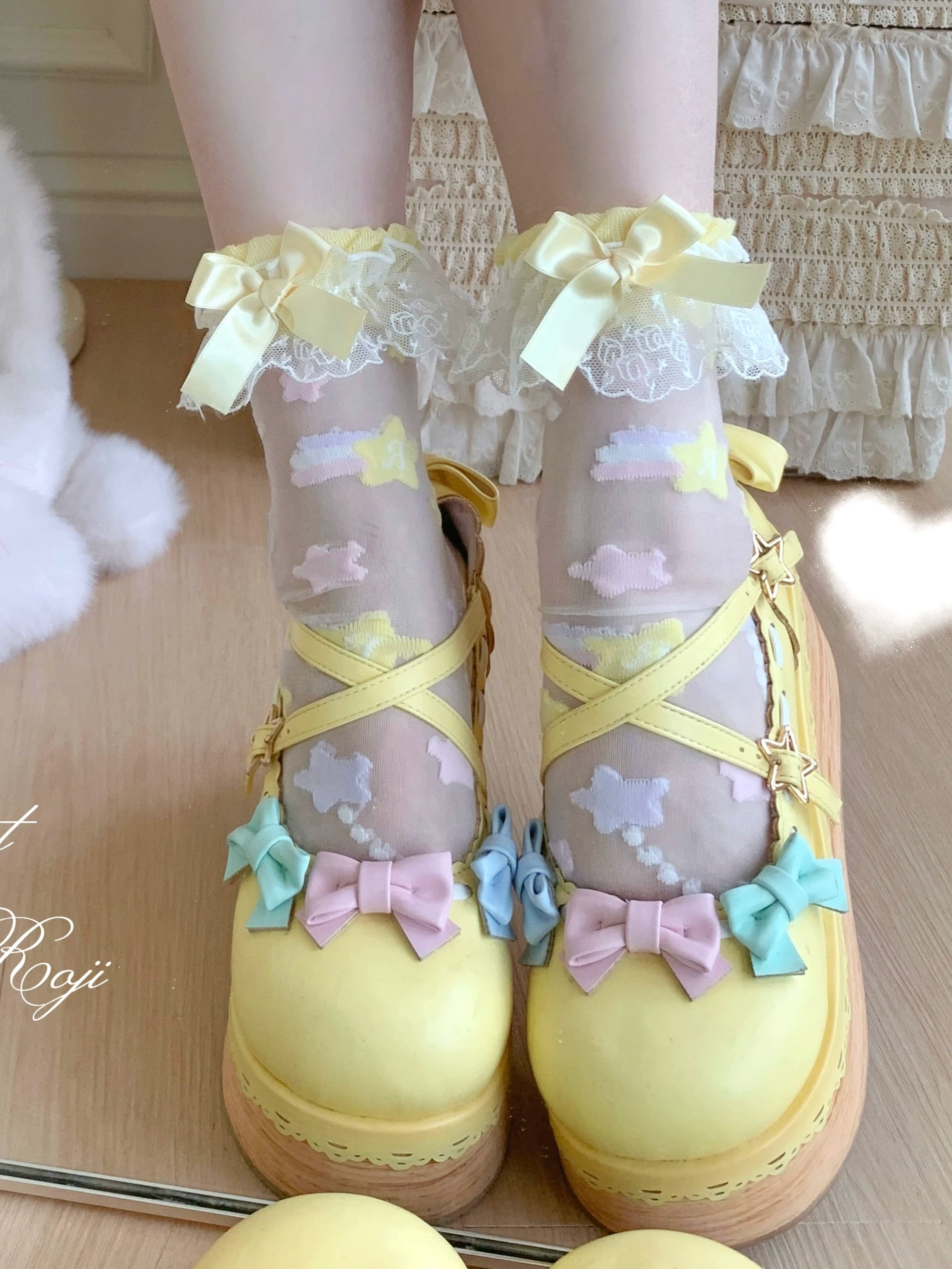 Sweet Lolita Star Embroidered Socks with Colorful Satin Bow 45610:855345
