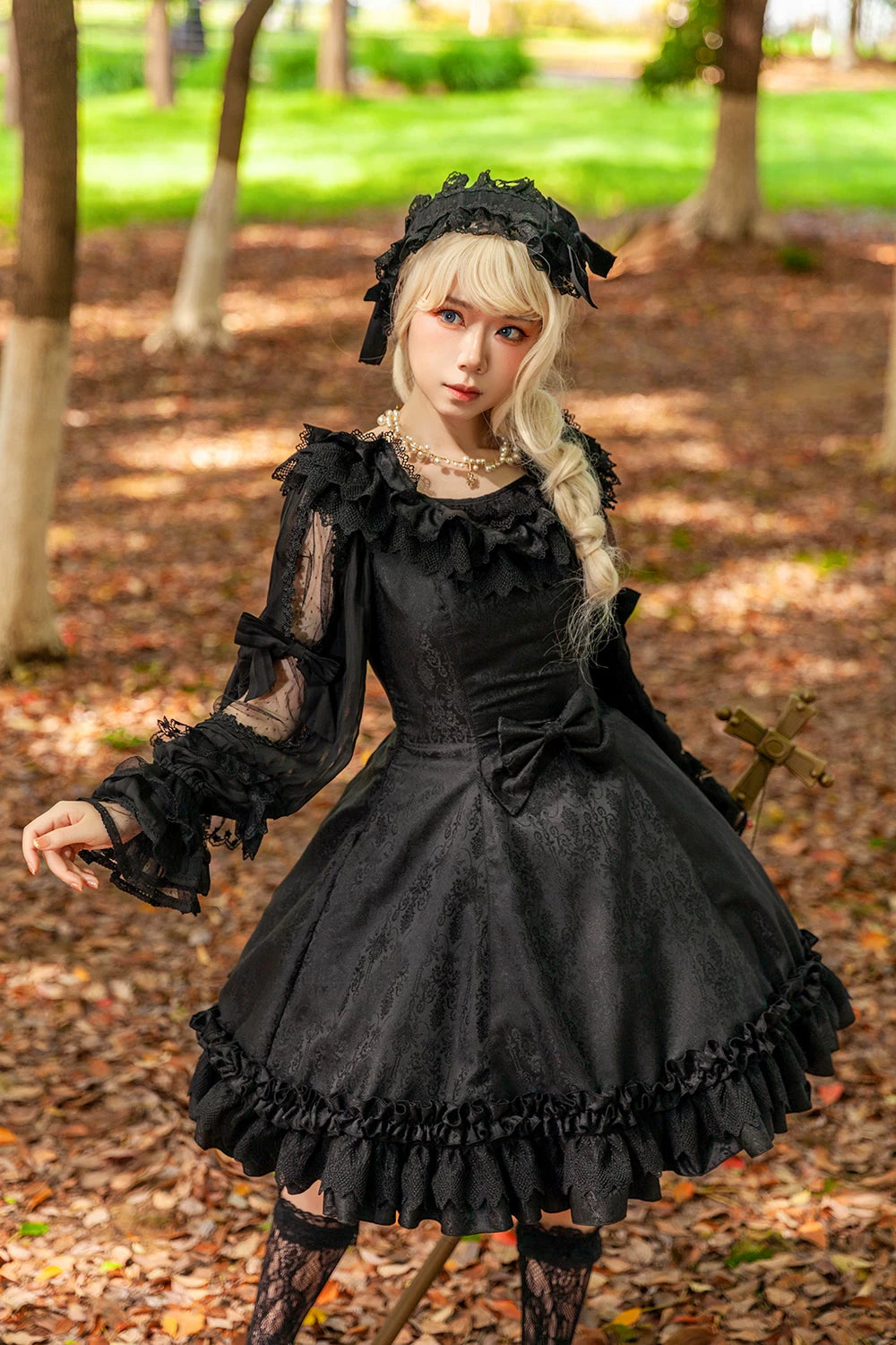 Gothic Lolita Black JSK Dress, Jacquard Pattern