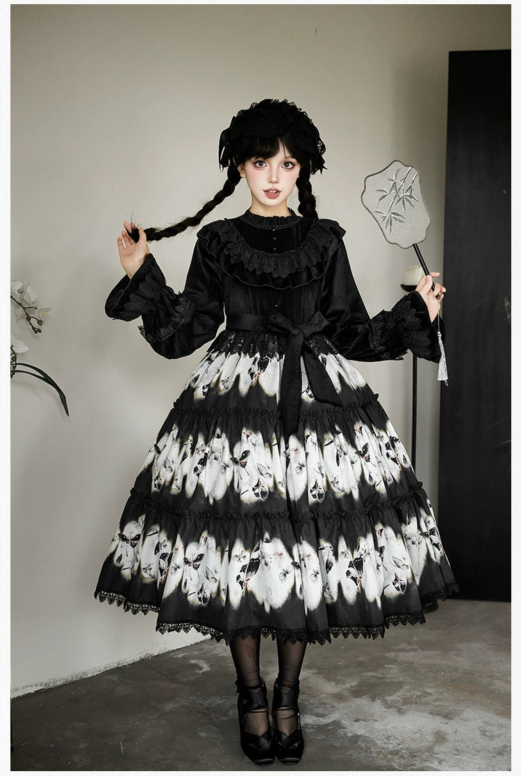 With PUJI - Dead Leaf Butterfly - Gothic Lolita JSK & OP Dress Set, Butterfly Print 44346:805393