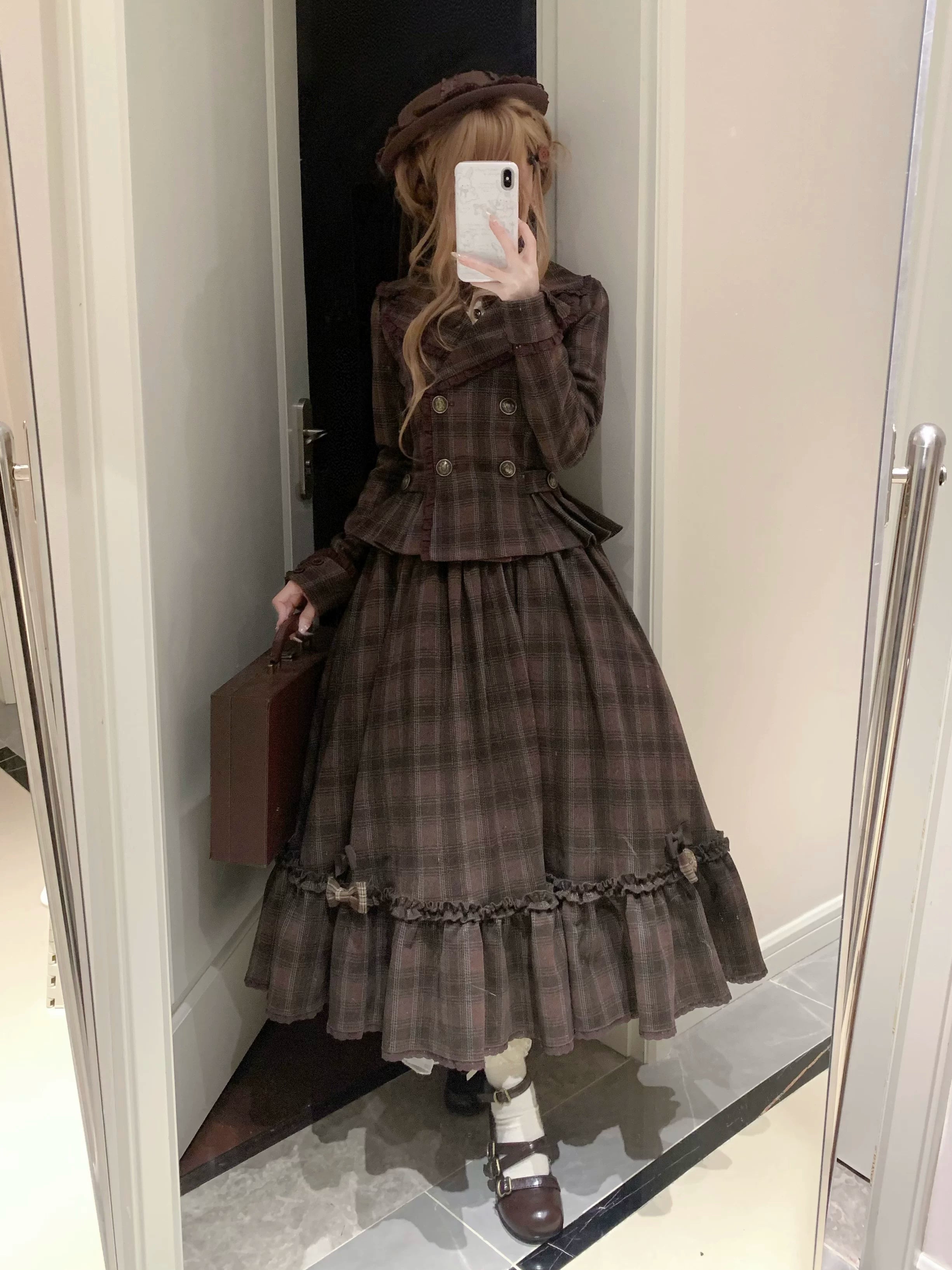 Sandwich Chocolate - Winter Classic Lolita Plaid Bust-supporting JSK & Coat Set 45903:867174