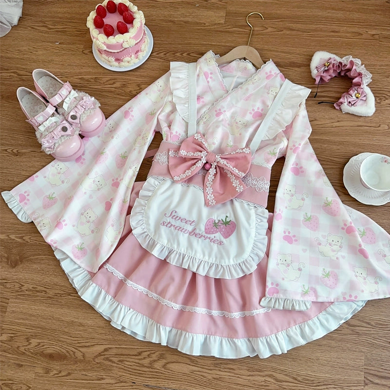 Hanguliang - Han Lolita OP Dress Japanese Style Dress for Summer Wear Pink (top + skirt + apron + waistband bow) S