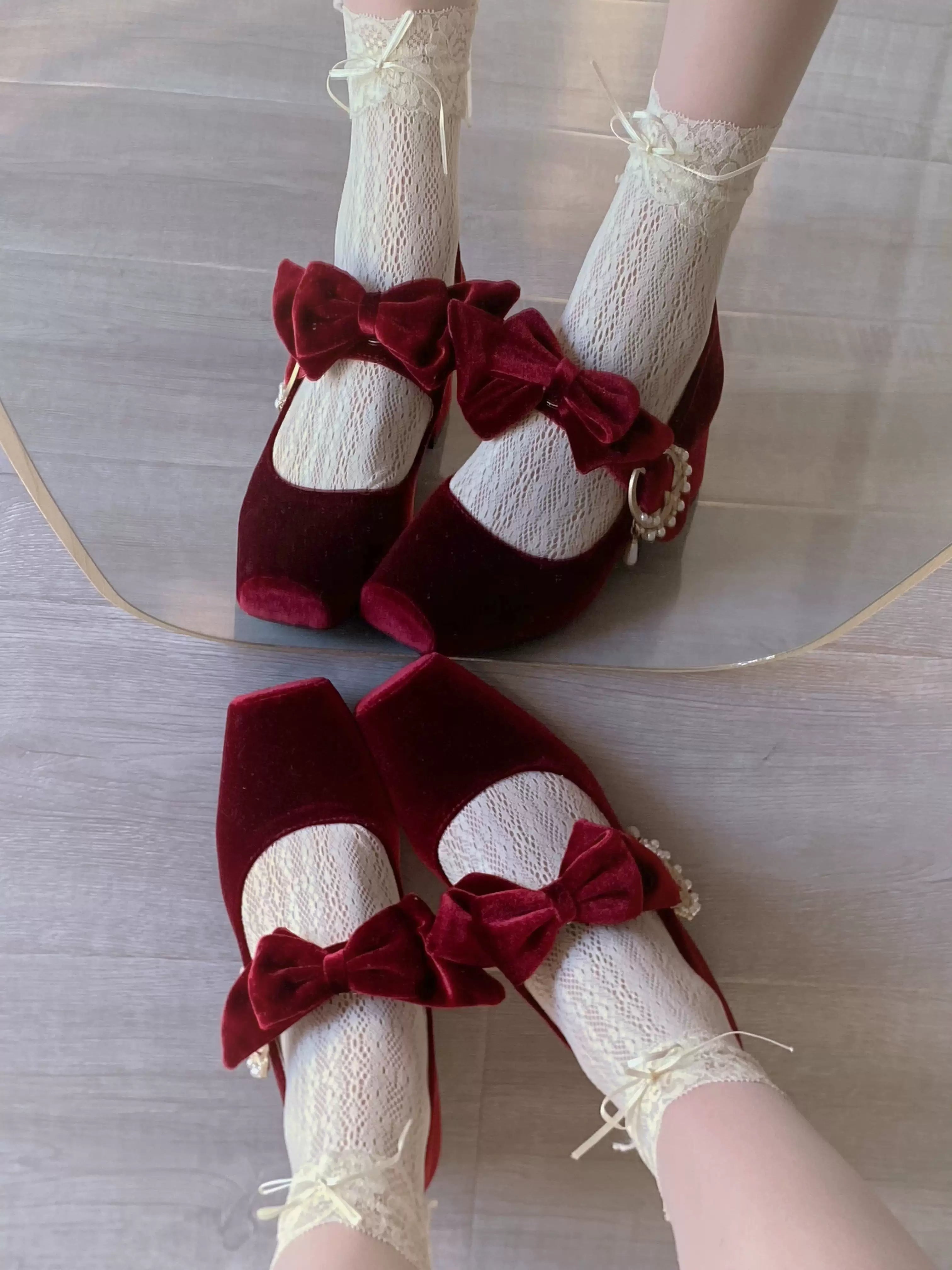 Pure tea for dream~Angel Velvet~Sweet Lolita Shoes Mid-heel Velvet Shoes 32816:394214