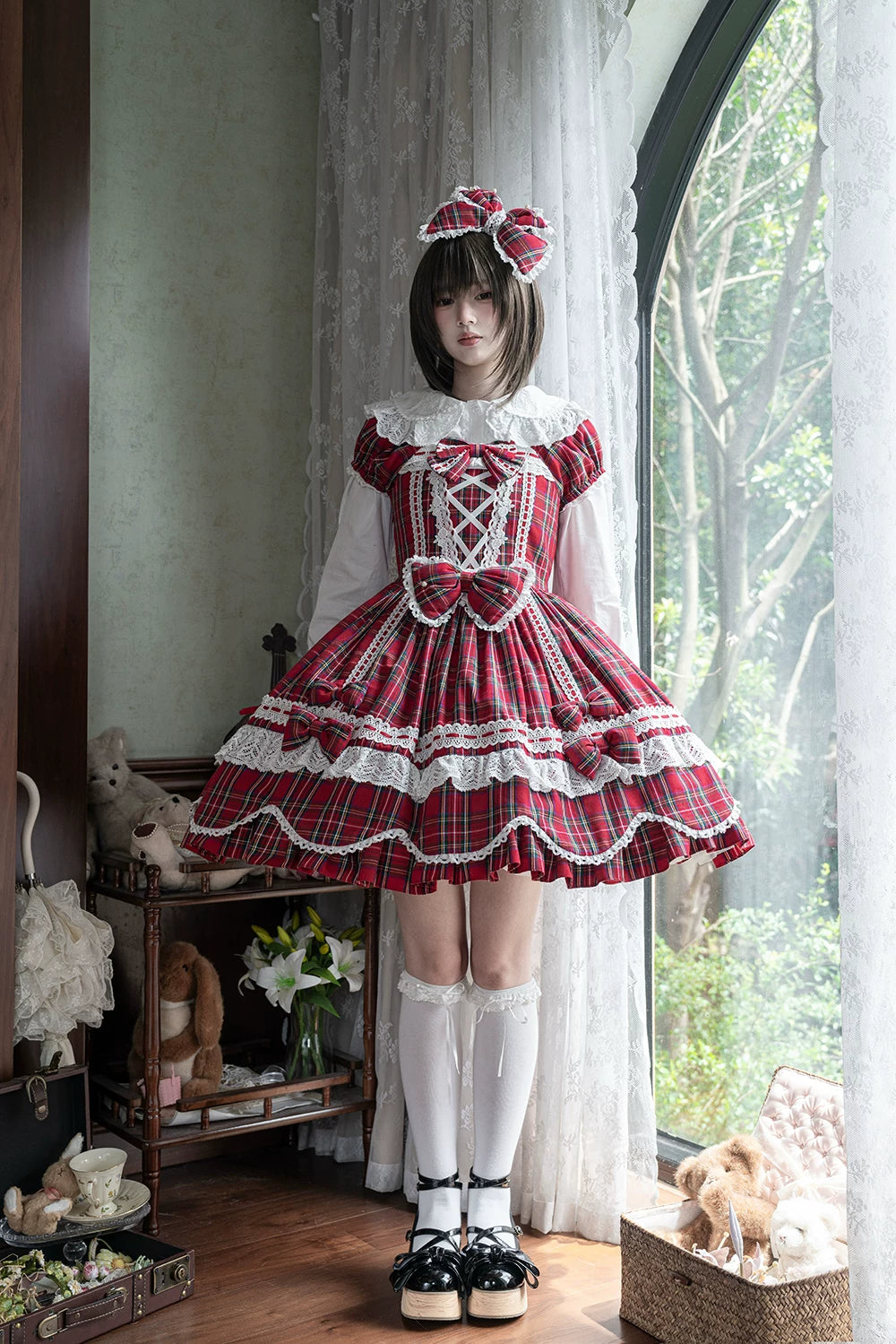 Plaid Petal Bunny - Old School Lolita Plaid OP Dress, Petal-shaped Hem 44673:818306