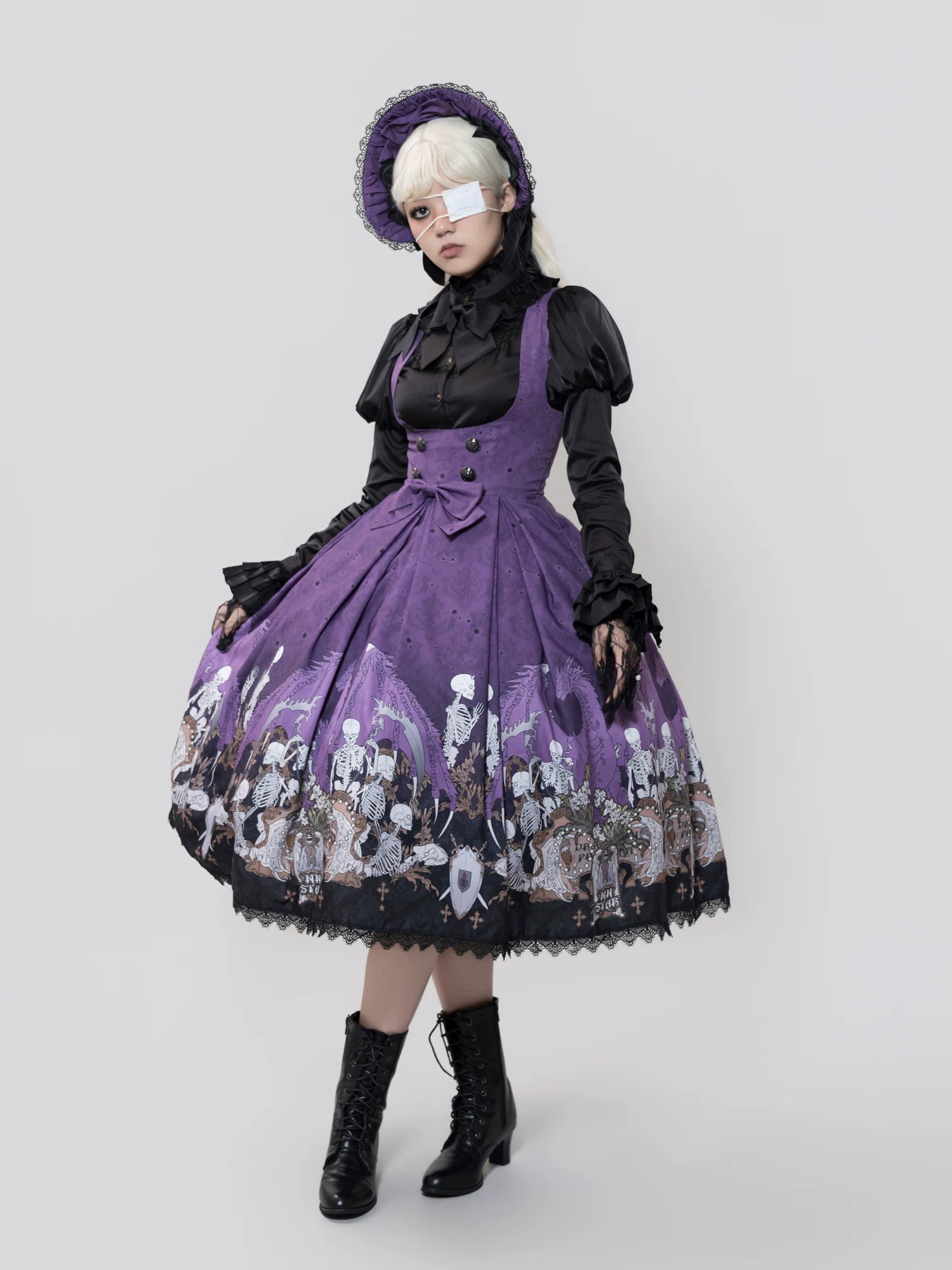 Dragon Bone Lily - Vintage Gothic Lolita Dragon & Skeleton Print JSK Dress 45283:844471