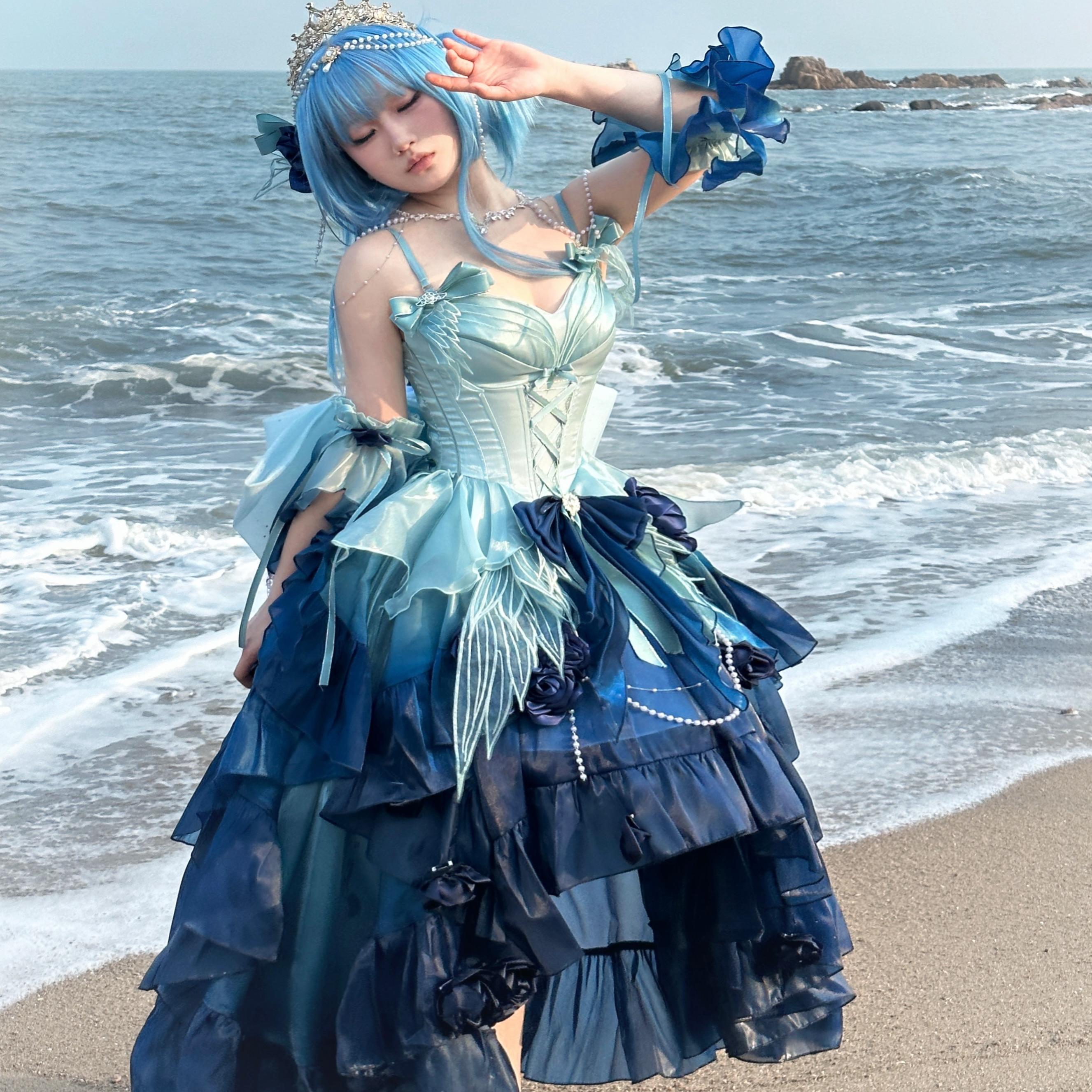 Meowing and Fruity - Swan Wonderland - Fairy Lolita JSK with High-Low Hem Deep Sea Blue - Large Set (JSK+detachable sleeves+trailing set) S