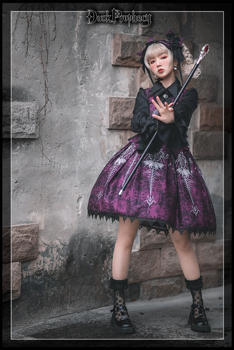 DuskProphecy - Coccyx - Elegant Lolita Dress High Waist Fishbone Print JSK Set 34722:466438