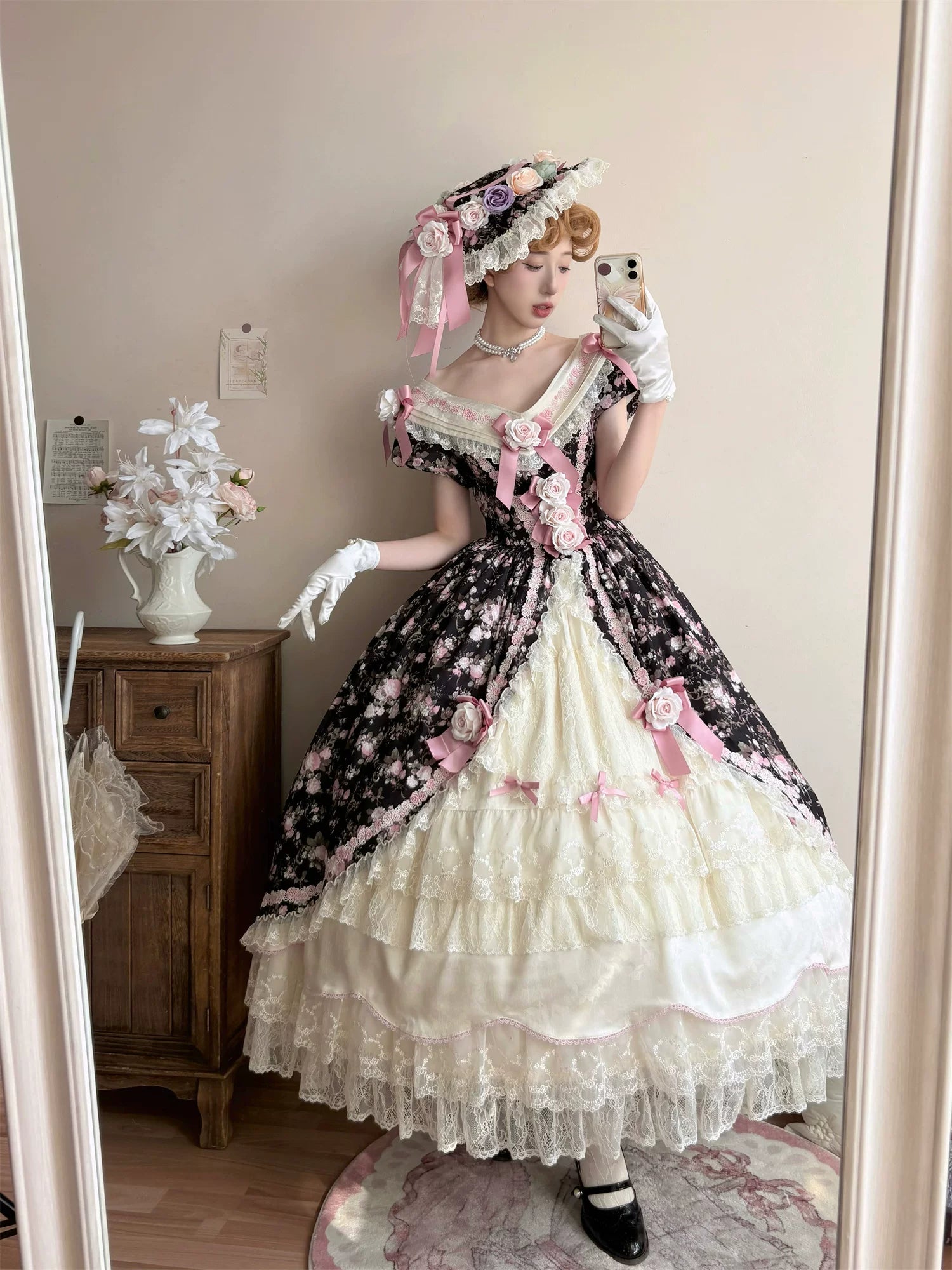 Dolota Flower Wall - Classic Lolita Floral OP Dress, Open Shoulder 44485:811102