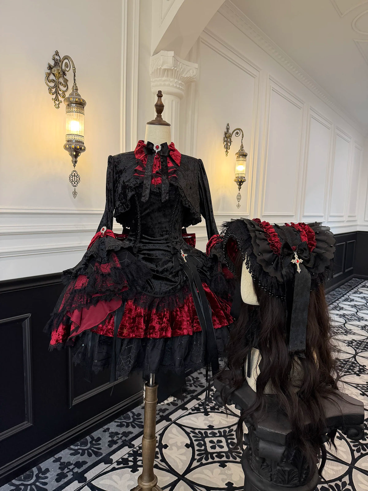Dark Raven Poem - Gothic Lolita JSK & Bolero Dress Set, Diamond Velvet (Red / L M S XL) 45967:869798