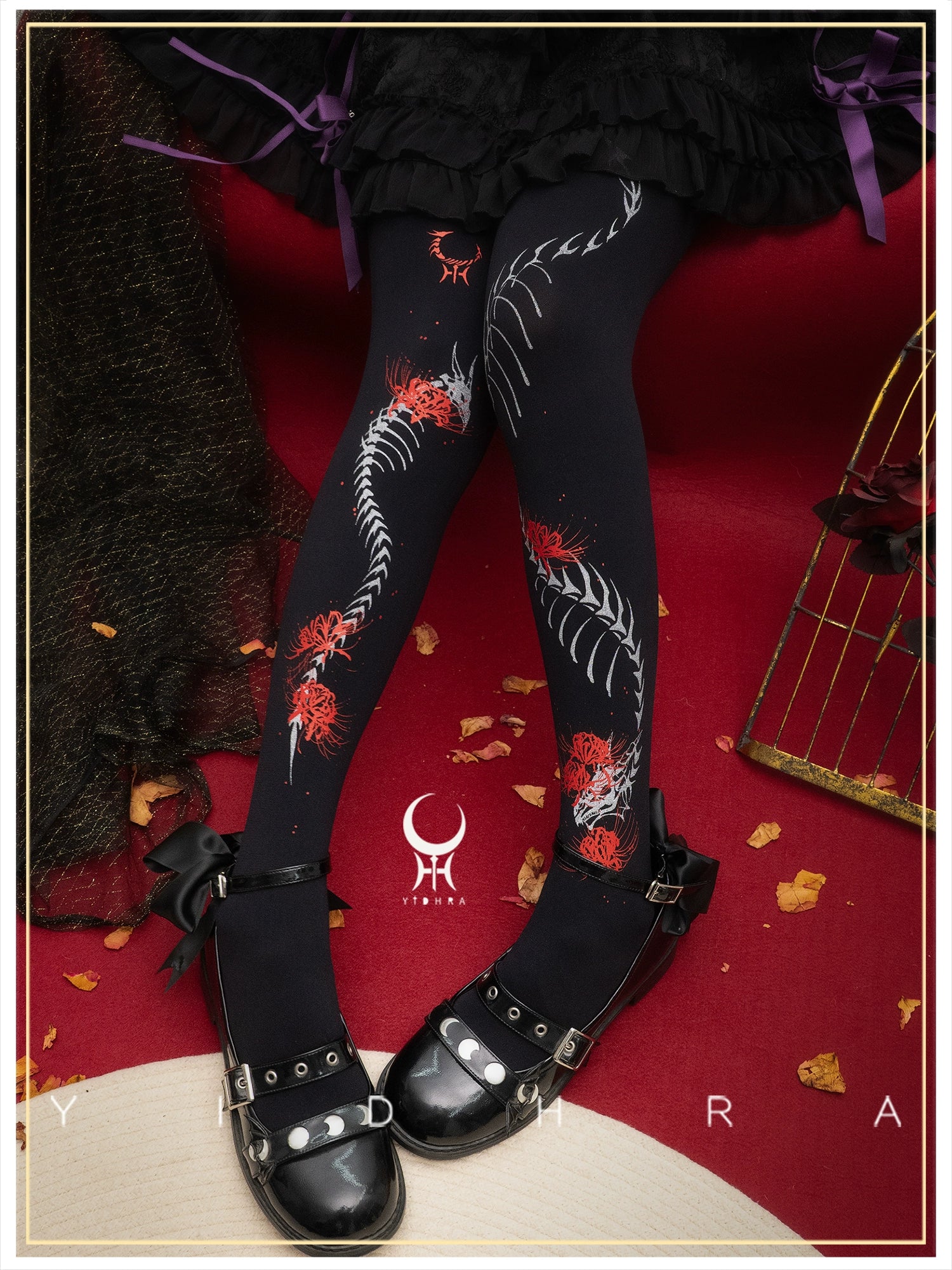 Yidhra - Dragon Abyss - Halloween Gothic Lolita Pantyhose, Red Spider Lily Print 44057:793580
