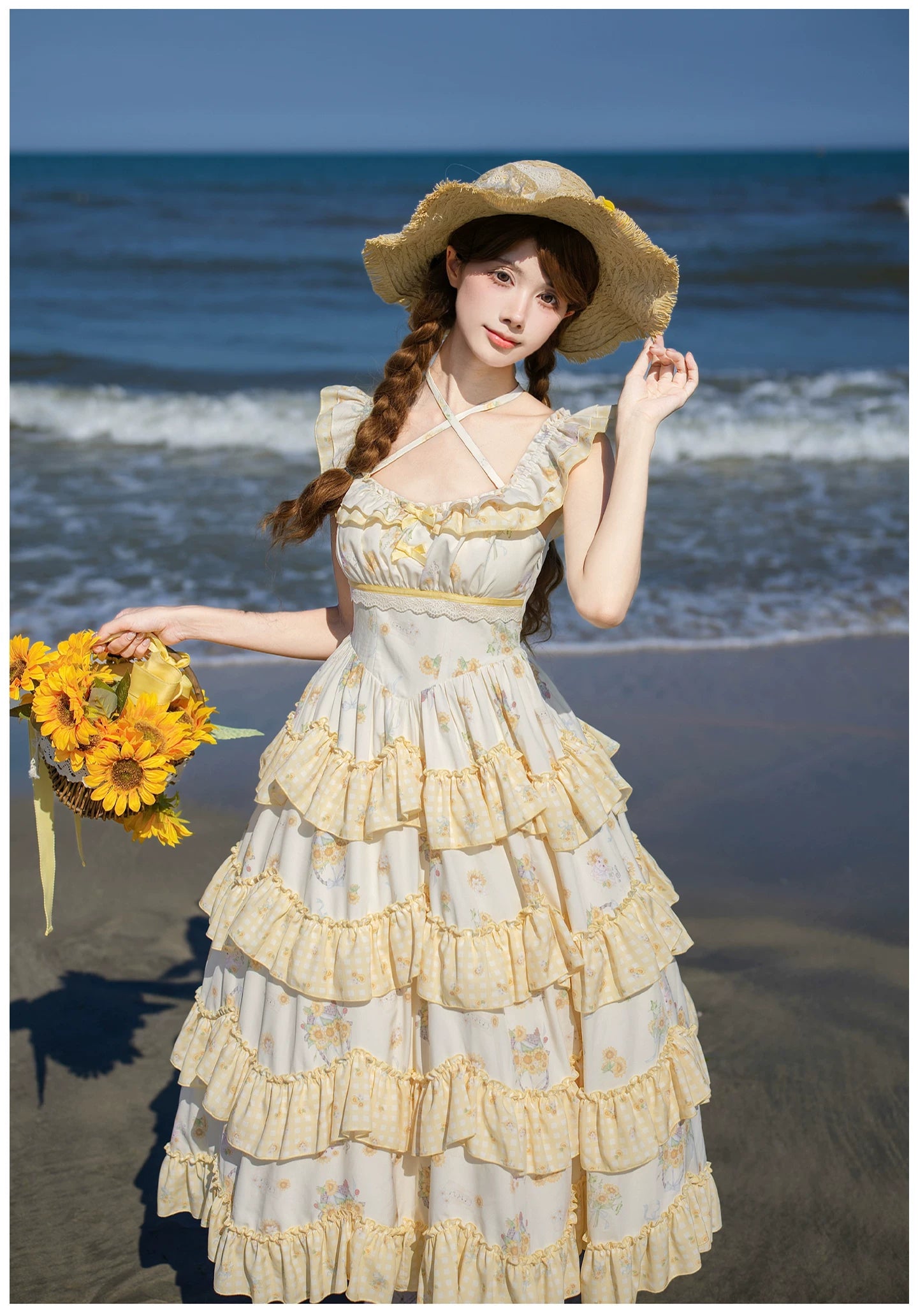 Small Sunflower - Classic Lolita Sunflower Printed JSK Dress, Tiered Hem 45740:860870