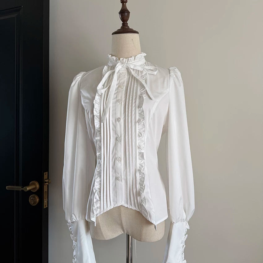 Misty Night Bell - Gothic Lolita Long Sleeve Blouse, Pintuck Placket White Blouse Only S
