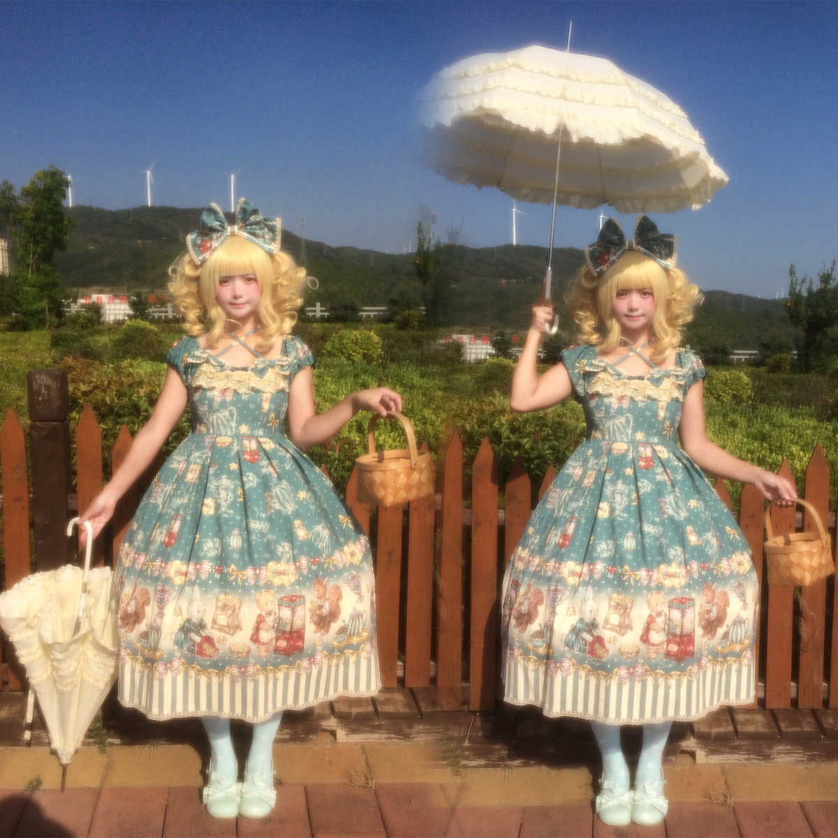 Popcorn Bear - Sweet Lolita OP Dress Set, Bear Tea Party Print 45994:871412