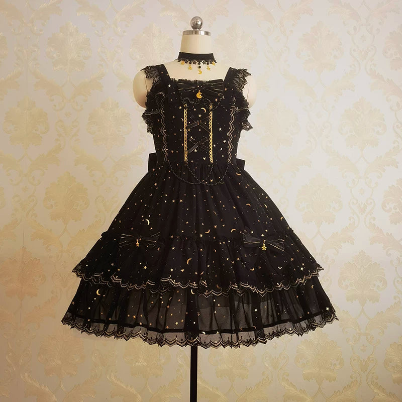Starlight Nocturne - Black Cotton Lining Classic Lolita JSK, Star & Moon Gold Stamping 45743:860746