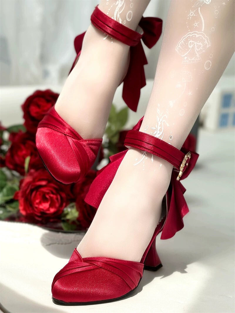 MR.Qiutian - Coronation - Elegant Lolita Shoes Satin Heels With Rose Buckle & Bow Clip Burgundy 34