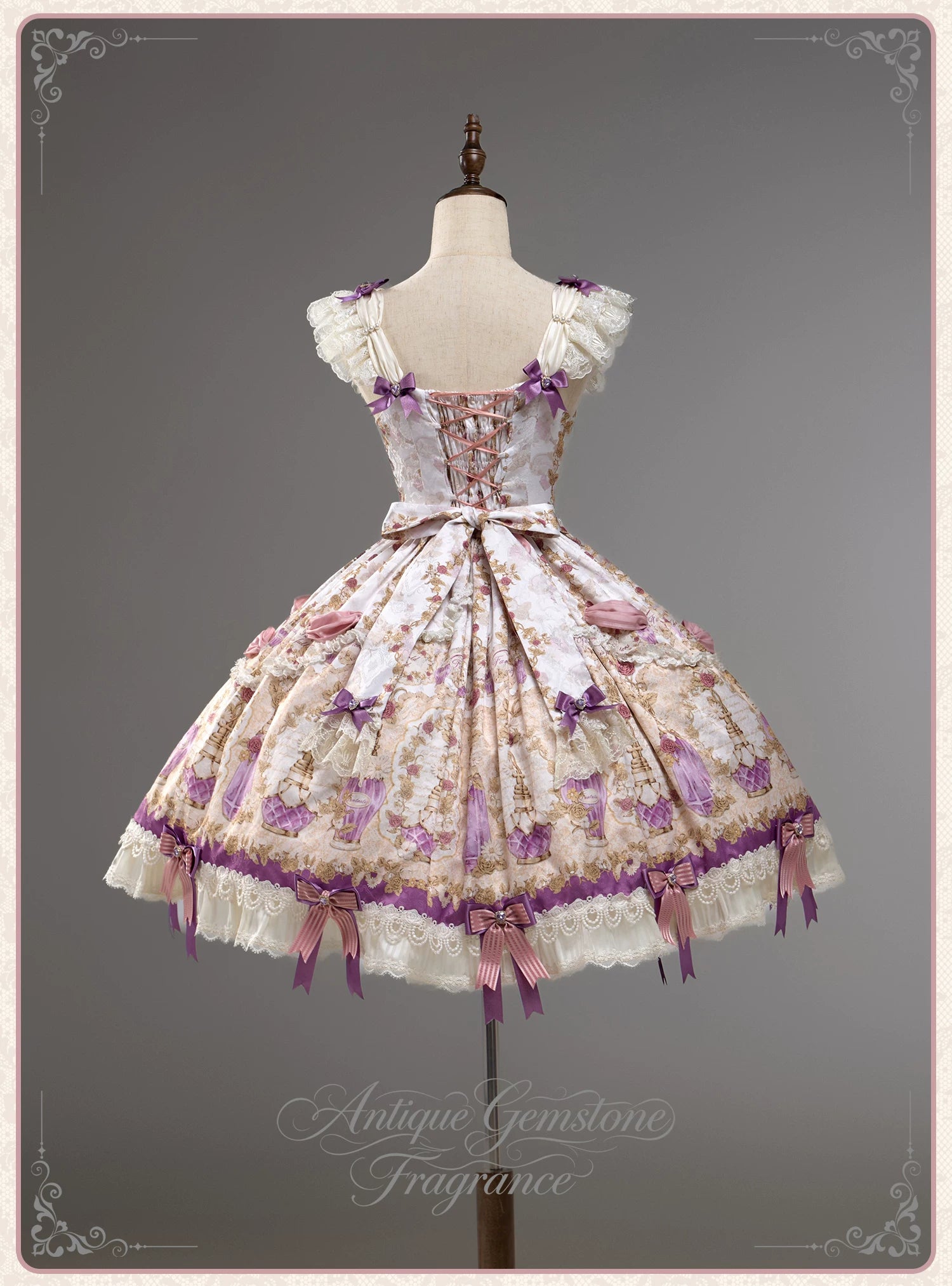 Antique Gem Fragrance - Gorgeous Classic Lolita Dress Set, Floral and Bottle Print 45483:851746