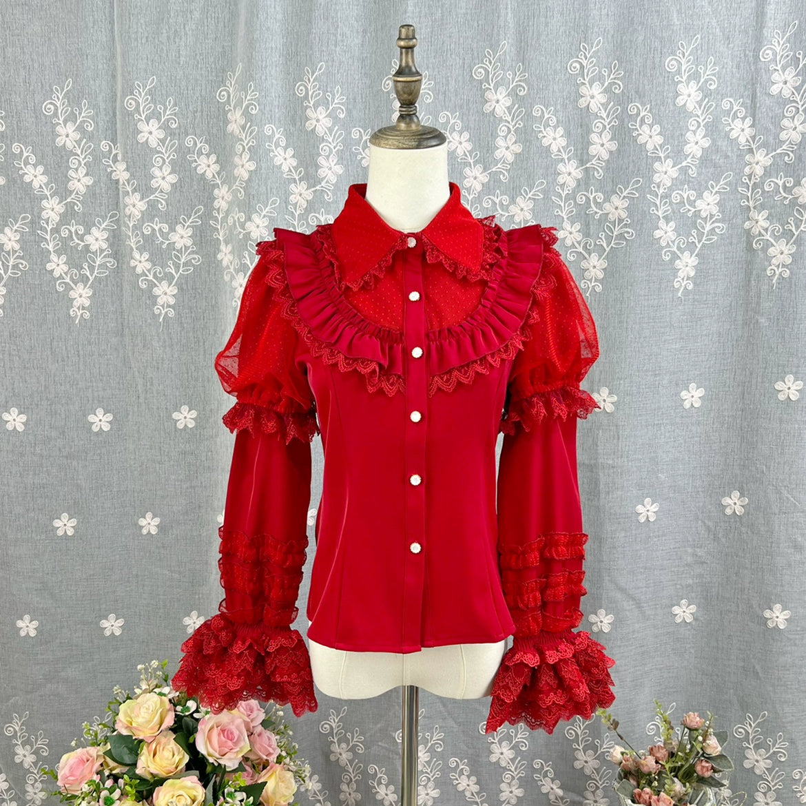 DMFS Lolita - Sweet Lolita Shirt Peter Pan Collar Blouse Detachable Sleeves Wine red S