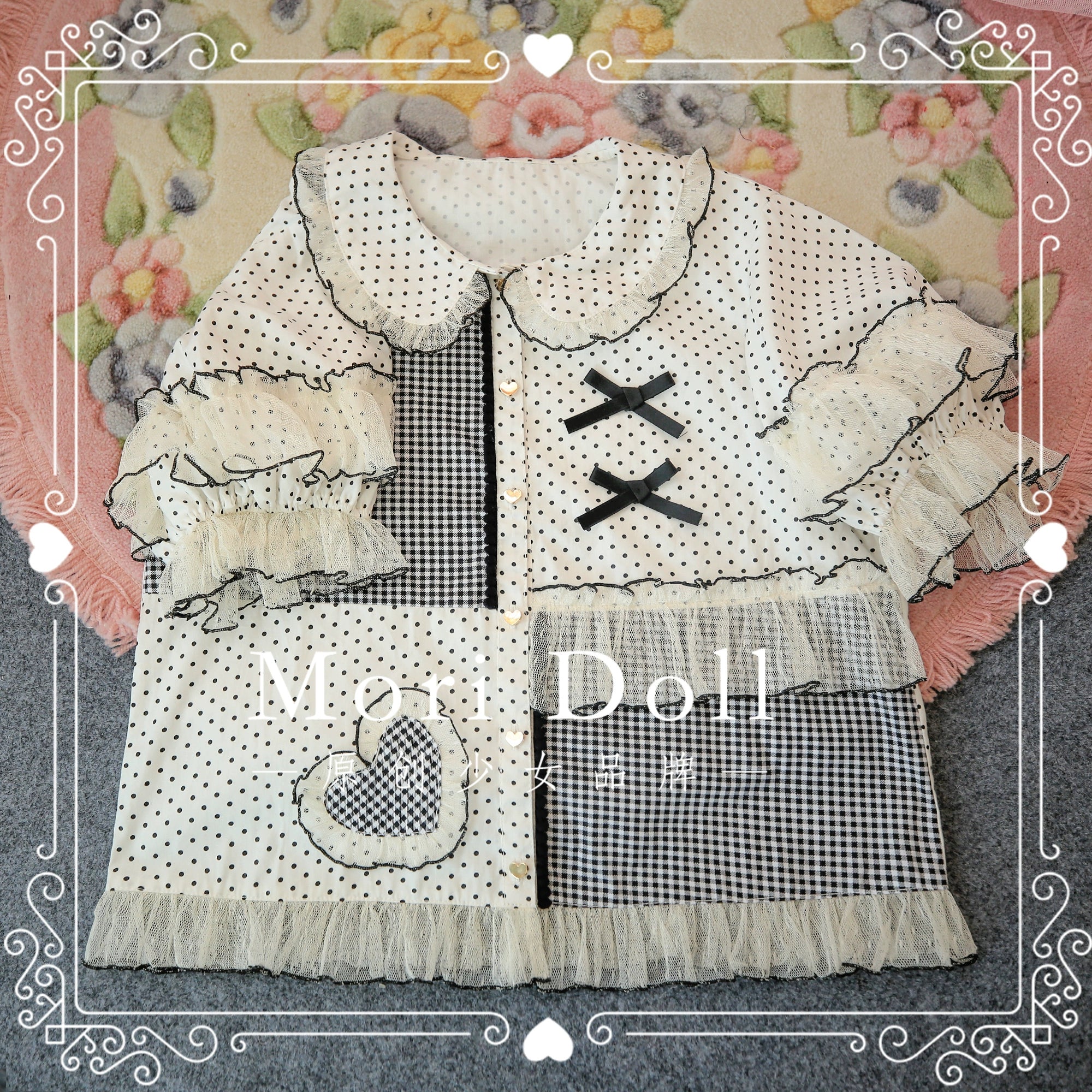 Mori Doll - Peach Tea - Sweet Lolita Dot and Stripe Print Short Sleeve Blouse