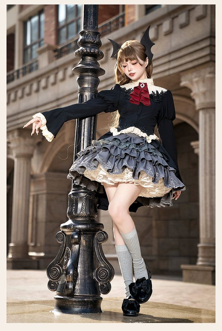 With PUJI - Night Feast - Gothic Lolita Suit Ouji Lolita Tailcoat Tiered Skirt Shorts