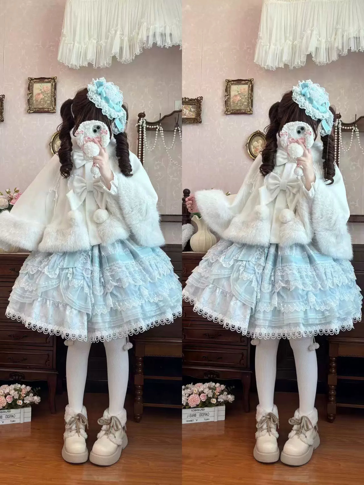 Small Snowball - Sweet Lolita Faux Fur Cape Coat, Pom-pom & Bow 45920:868031