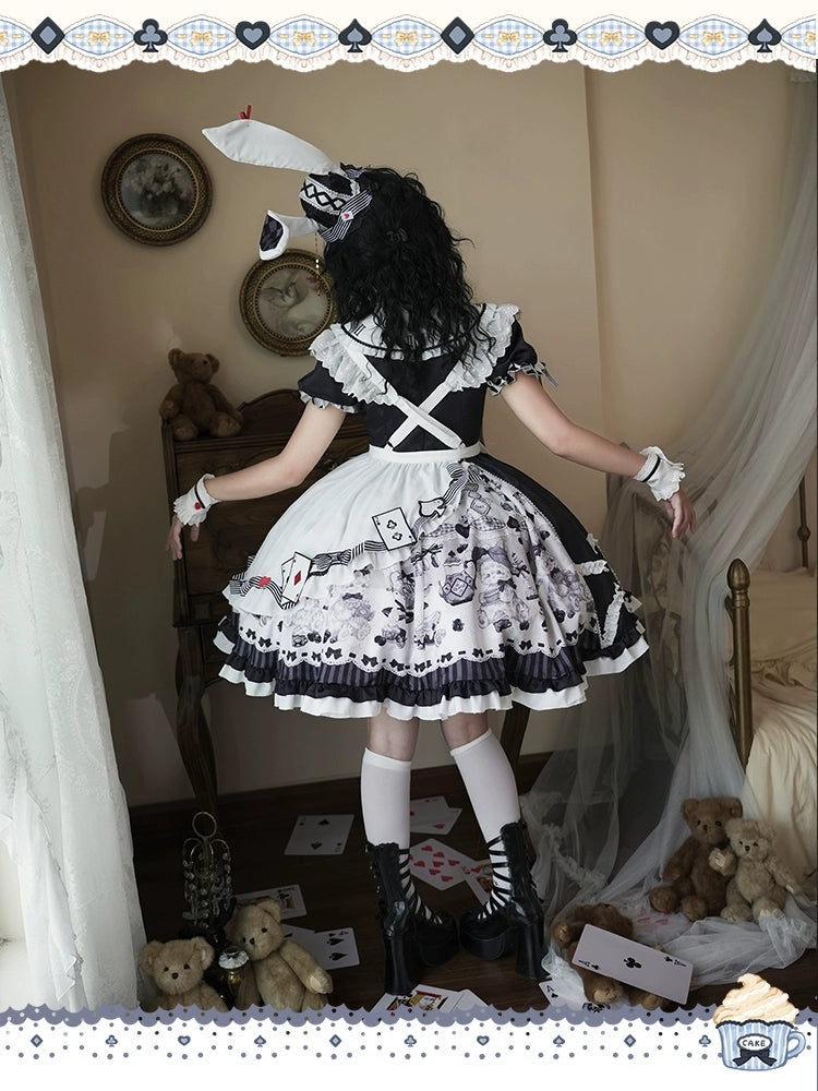 YingLuoFu - Alice - Kawaii Lolita OP Dress, Rabbit & Playing Card Motifs