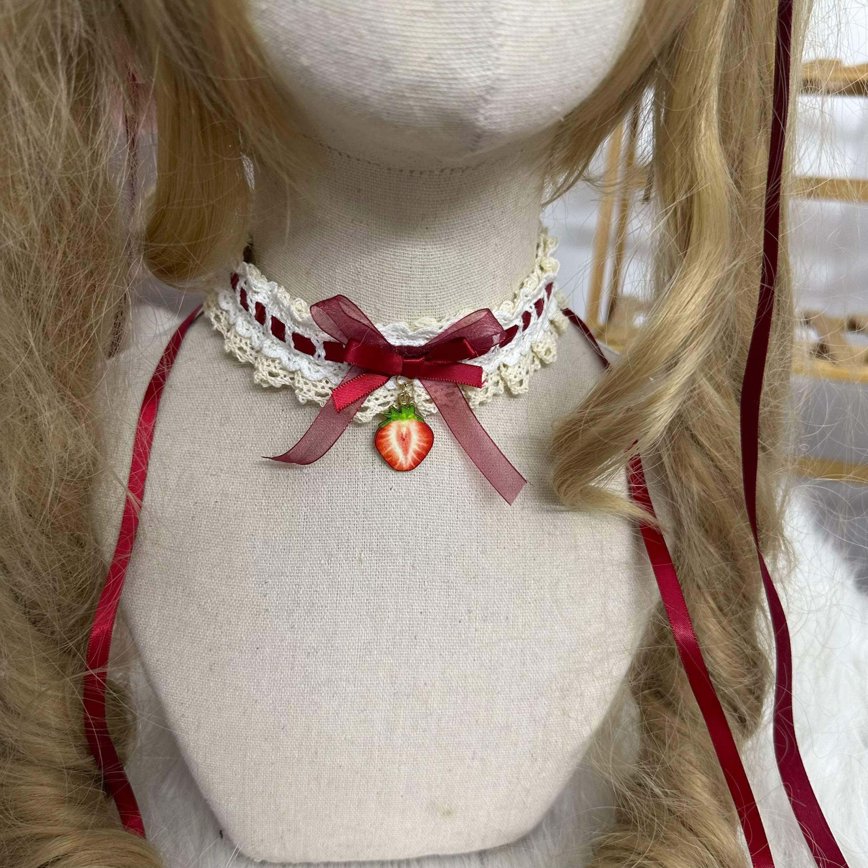 Sweet Lolita Headdresses, Strawberry, Ruffles & Bows Strawberry Choker Only