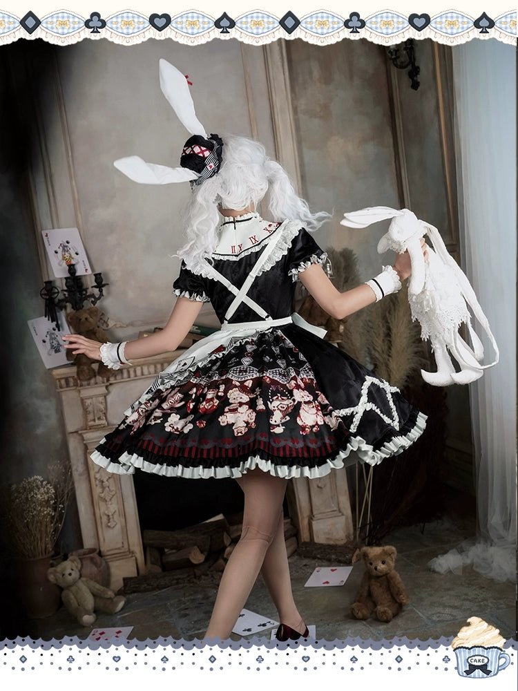 YingLuoFu - Alice - Kawaii Lolita OP Dress, Rabbit & Playing Card Motifs