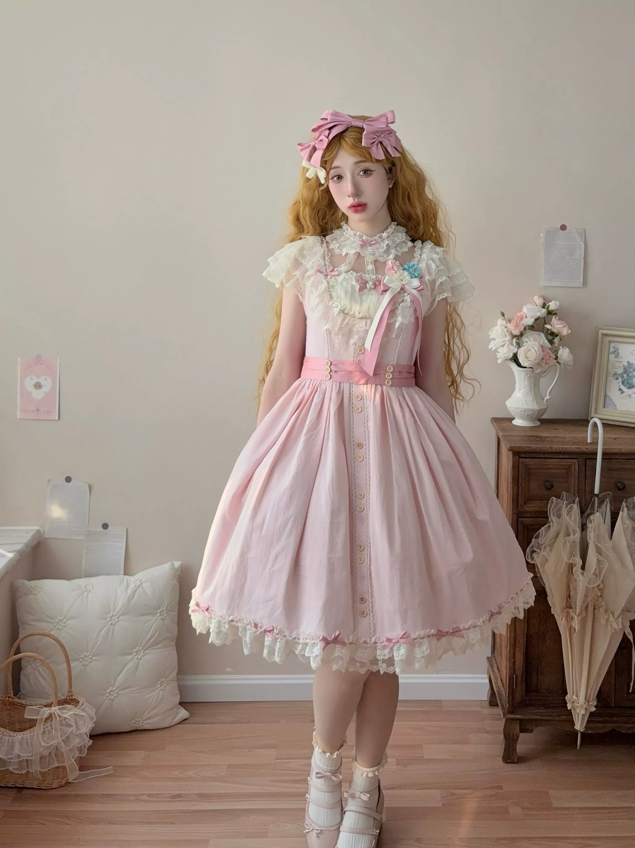 Uncle's Workshop - Fluttering Cherry Spring Strings - Cotton Sweet Lolita JSK Dress Short - Light Pink - JSK Only (dress+waist tie) S