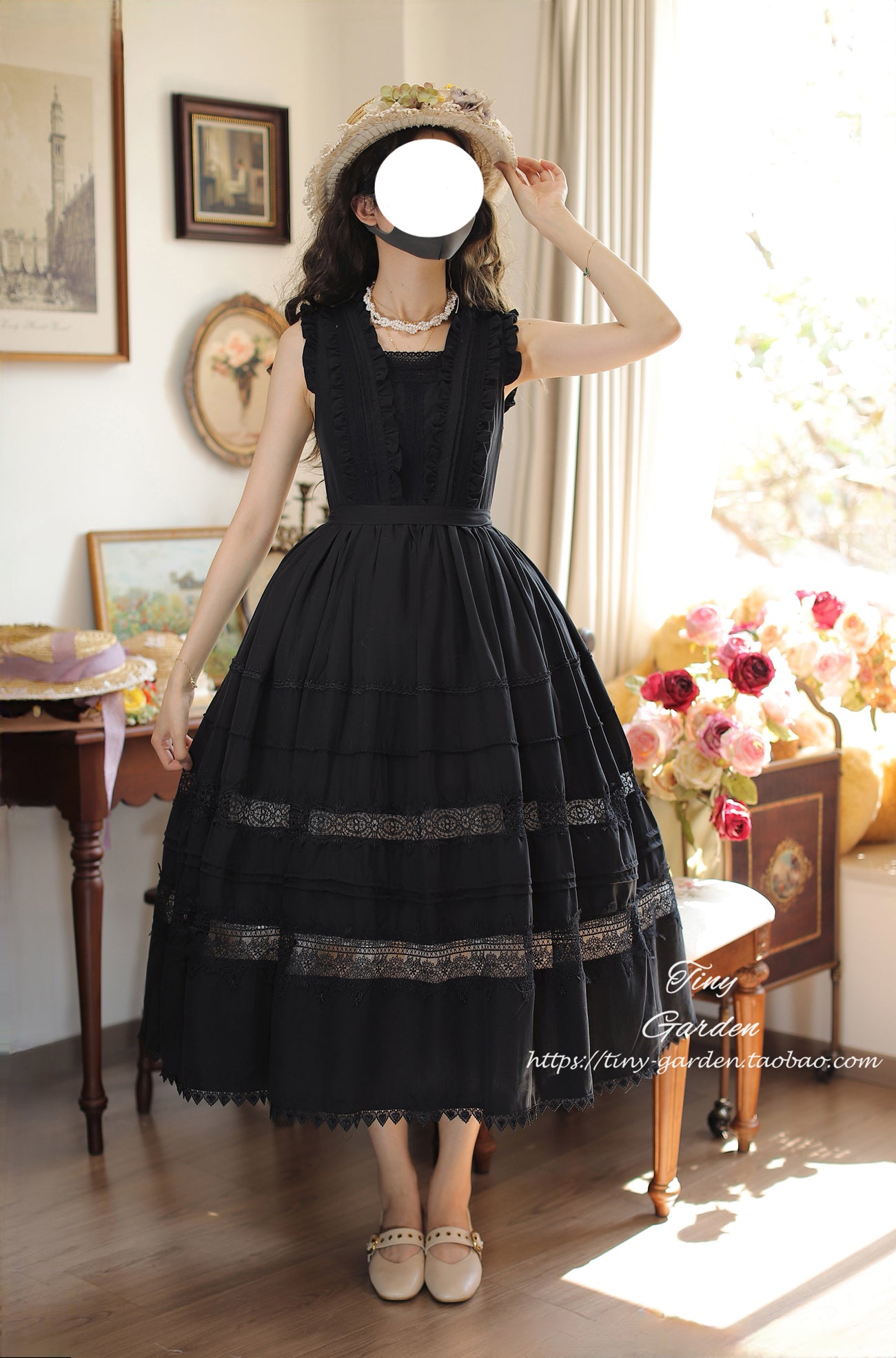 Tiny Garden - Spring Whisper - Solid Color Classic Lolita JSK Dress with Tulle Apron Elegant Black - JSK with Waist Tie S