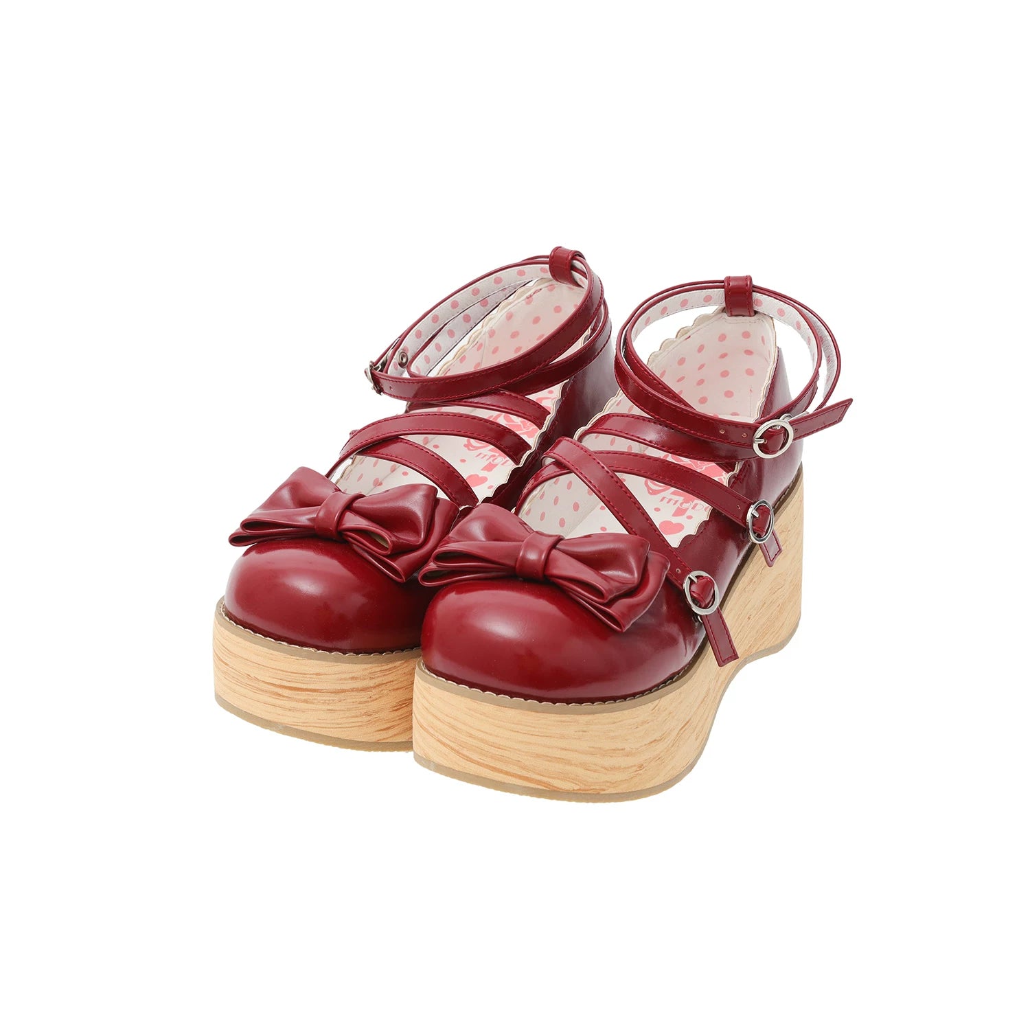 Puff Tata - Sweet Lolita Platform Shoes, Wood Grain Sole Burgundy - High Heel Version 34