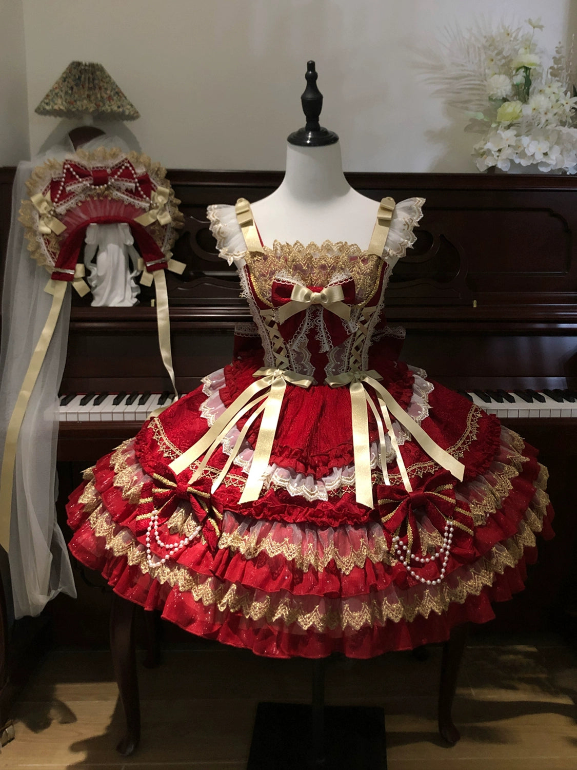 Hanguliang - Gilded Memories - Princess Lolita Jumper Dress, Tiered Ruffles Red JSK Only S
