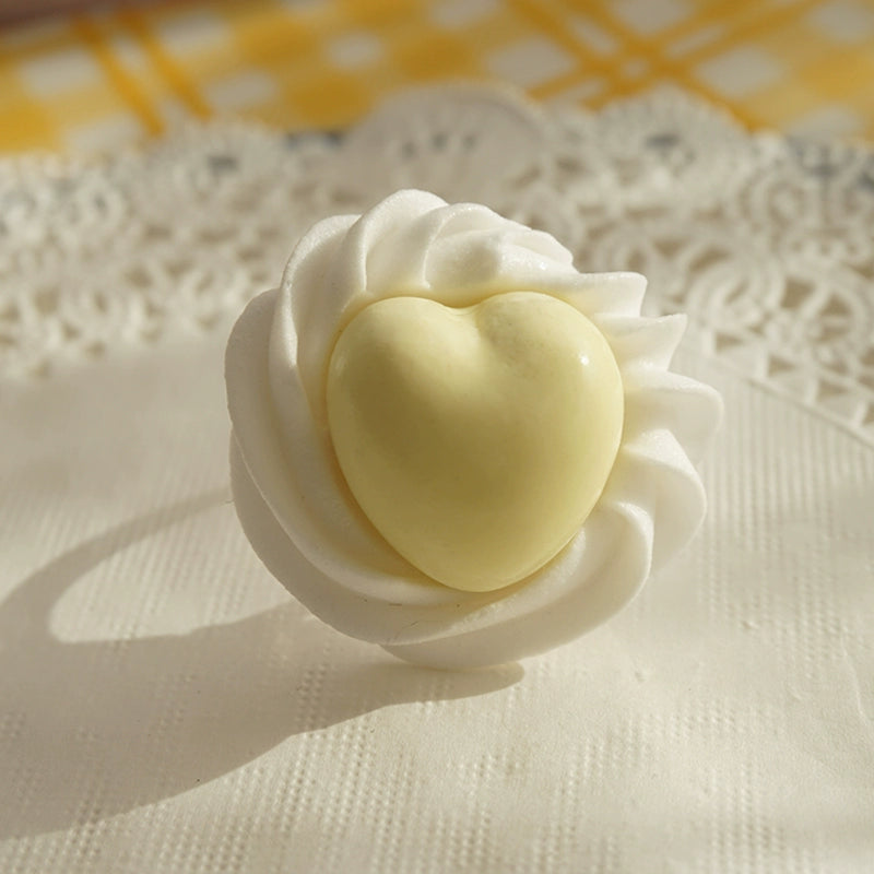 Cat Tea Party - Cute Lolita Ring Handmade Clay Cream Heart Shape Adjustable Ring Yellow