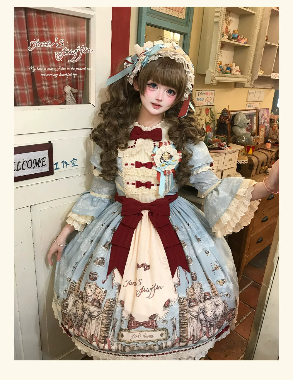 Pancake Postman - Kawaii Lolita Printed OP & Salopette Dress, Lace & Bows