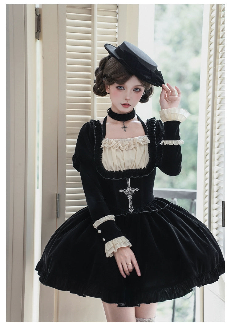 With PUJI - Apocalypse - Gothic Lolita Velvet OP Dress Set, Fishbone Waist 44128:797113