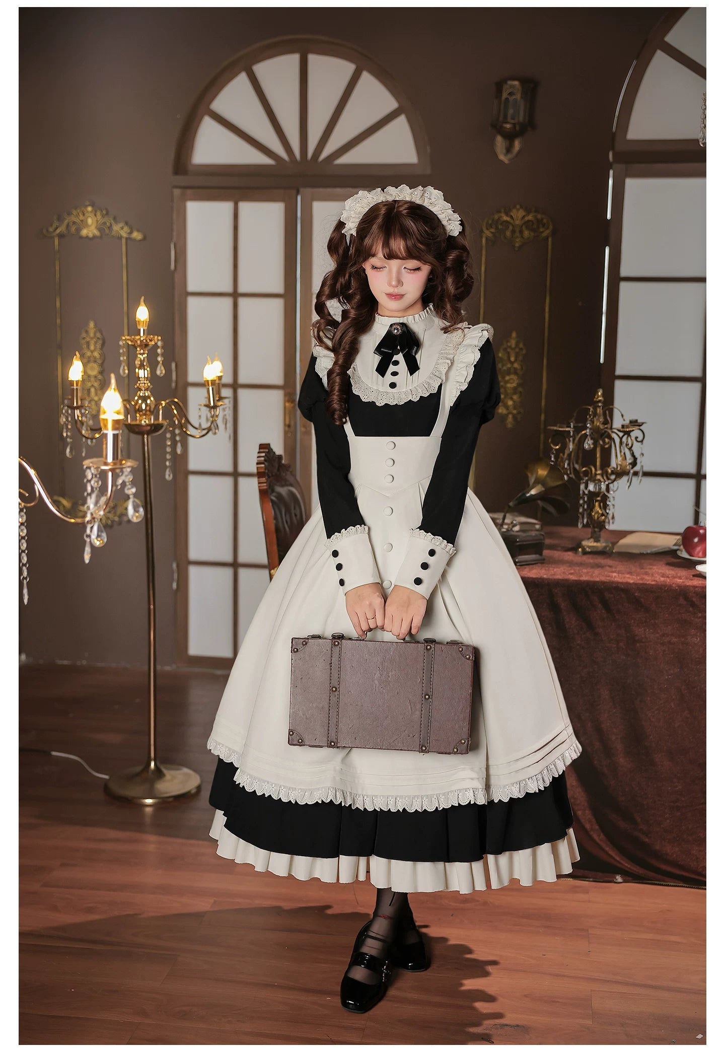 Miss Lita - Classic Lolita Maid OP Dress, Adjustable Flutter Sleeve Apron 45858:865760