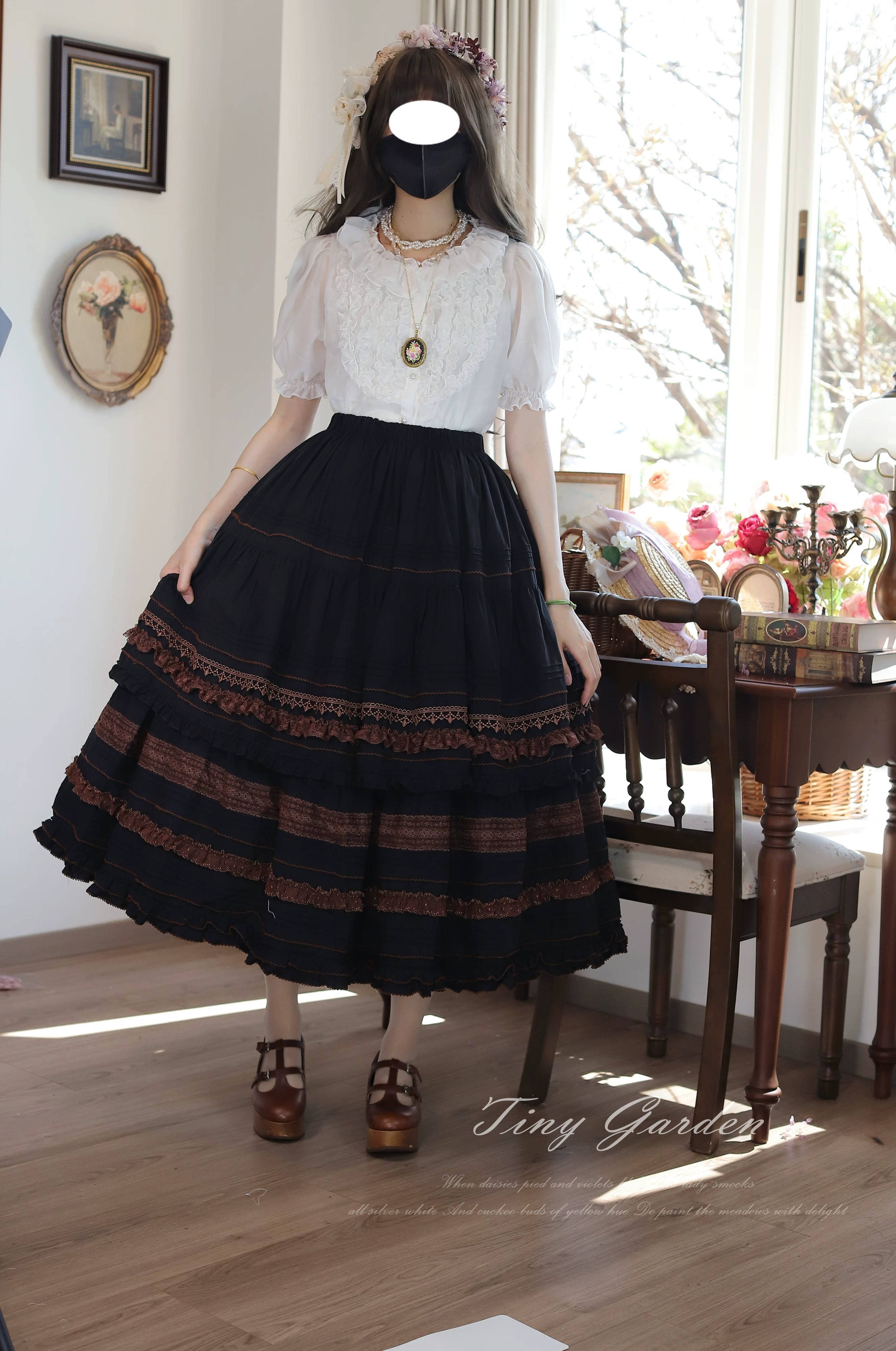 Marguerite Daisy - Classic Lolita Cotton Lining Skirt, Side Pocket Black with Coffee Lace Skirt Only S