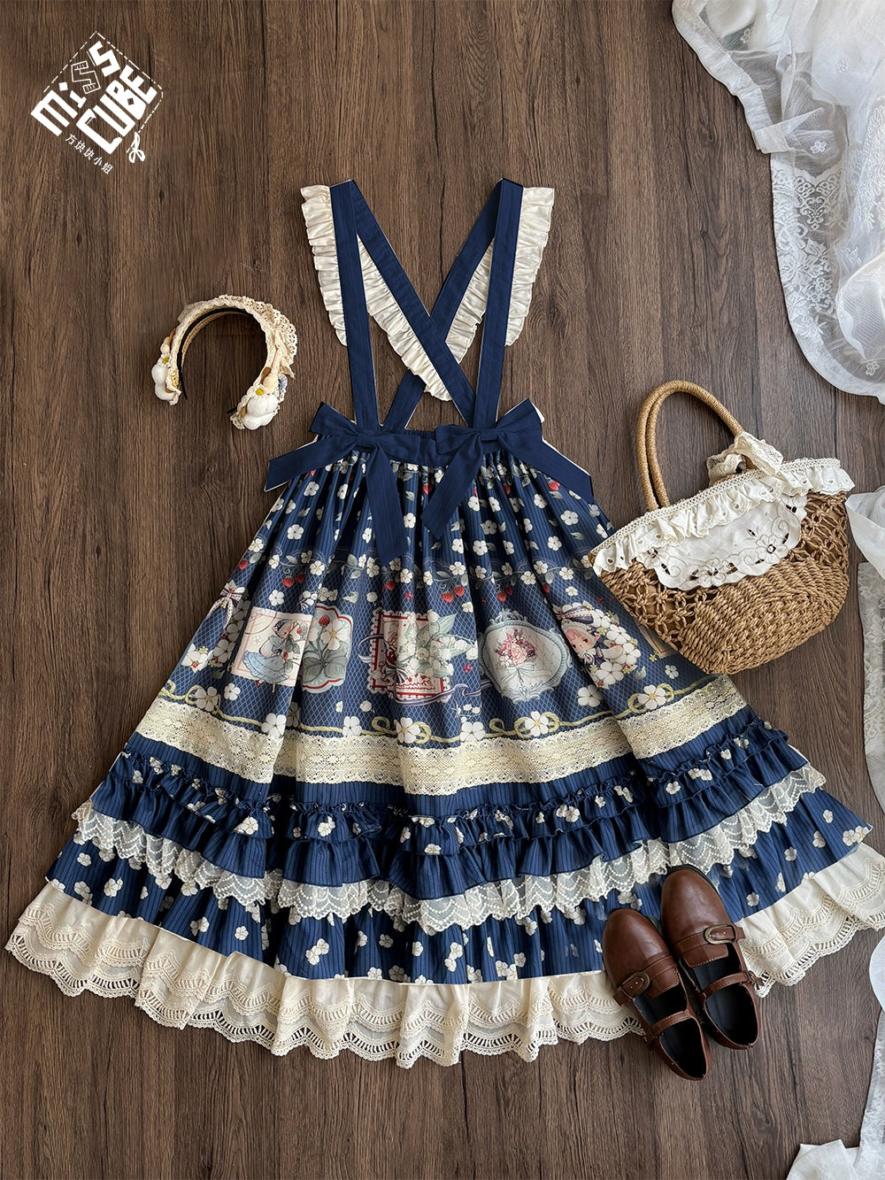 Miss Cube - Cool Sheep Whisper - Kawaii Retro Lolita SK with Detachable Suspenders Navy - print suspenders SK only XS