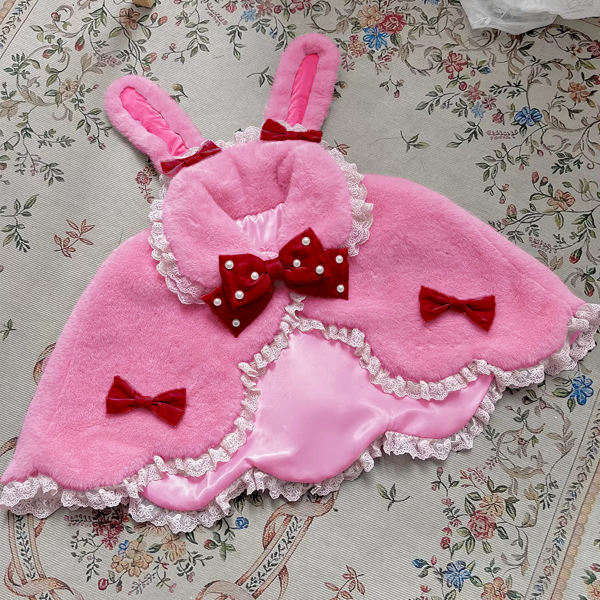 Letters from Unknown Star - Kawaii Lolita Cape Winter Lolita Shawl Daily One Size Strong pink cape + red bow