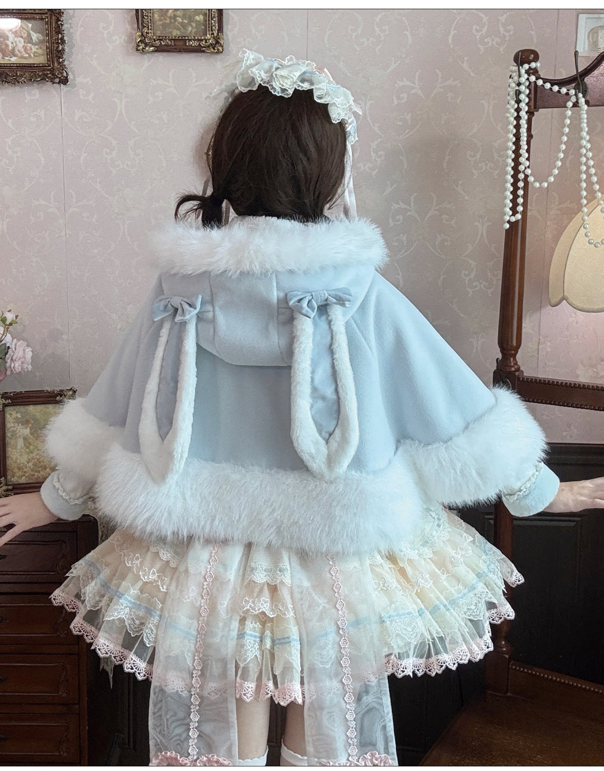 Floppy Bunny Ear -Sweet Lolita Winter Fleece-Lined Cape Coat with Bunny Ears