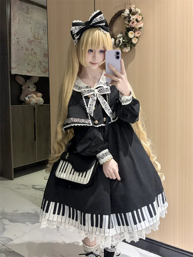 Piano Serenade - Old School Lolita Cape Layered Dress, Musical Note Embroidery 45785:862524