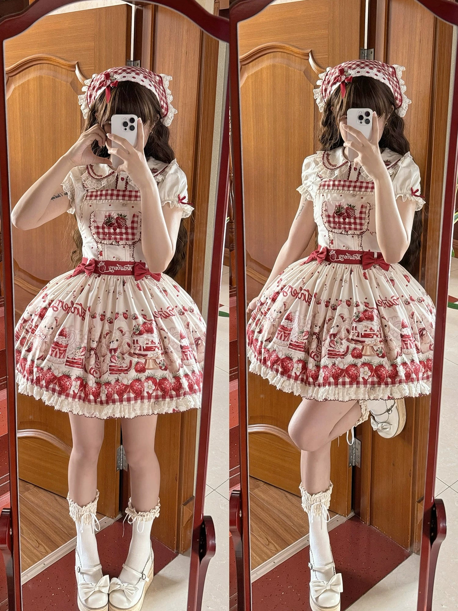 Velvet Strawberry - Sweet Lolita Salopette Dress, Bear & Strawberry Print