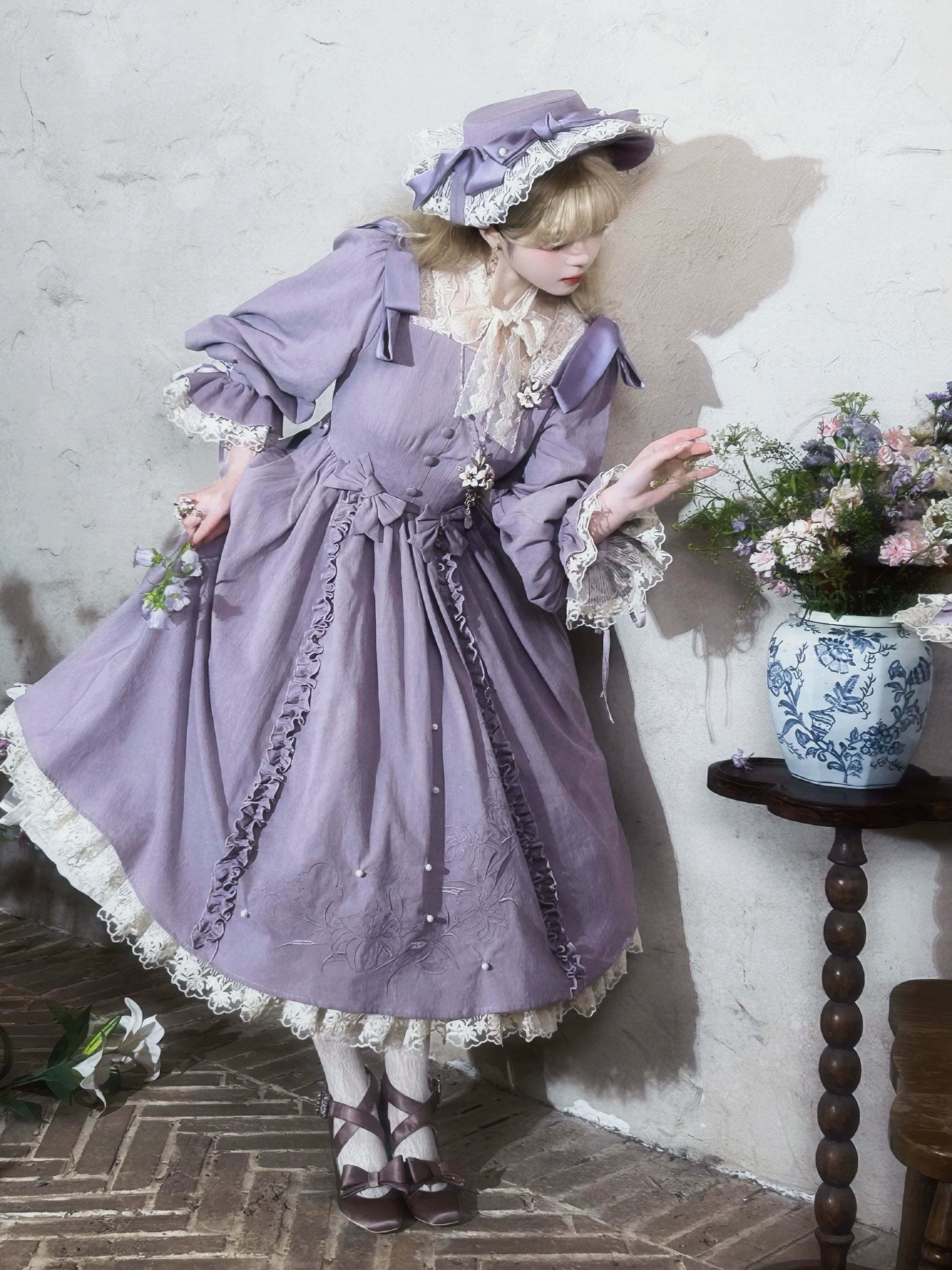 Moonlit Lily - Cotton Classic Lolita OP Dress, Lily Embroidery