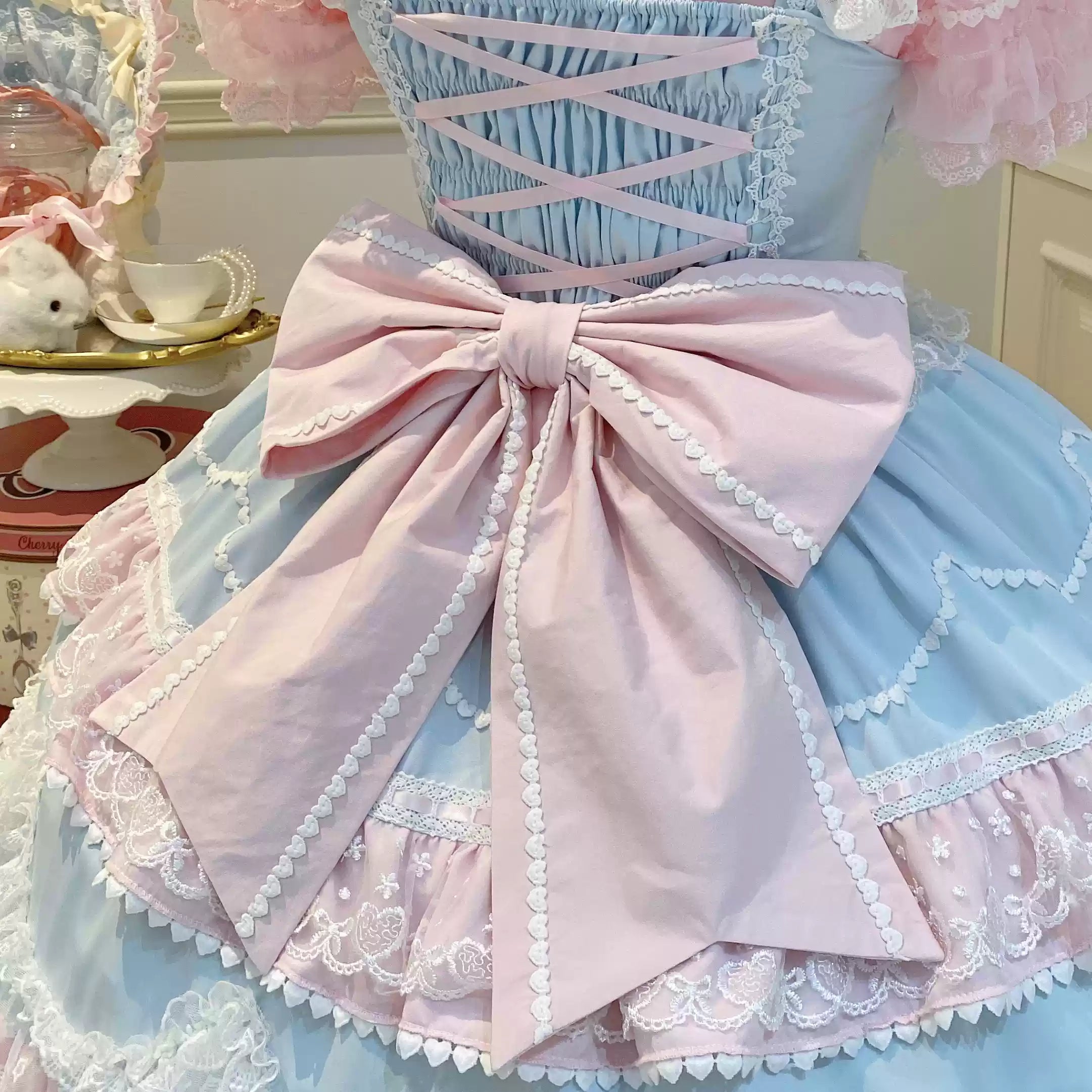 Sugar Girl - Fondant Cake - Summer Sweet Lolita JSK Dress, Tiered Ruffles and Bows (L M S) 42612:762148