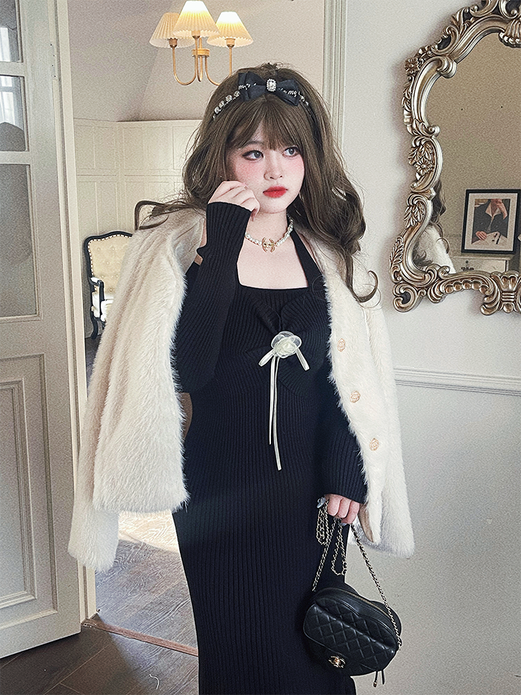 Yingtang~Sweet Lolita Coat Knitted Dress Set Plus Size XL black knitted skirt 