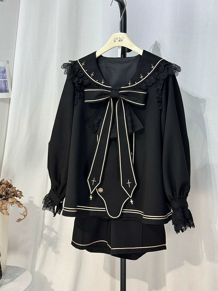 Angel & Devil - Button Closure Ouji Lolita Cape Set, Cross Embroidery Black Top + Shorts + Jabot + Bow Tie M