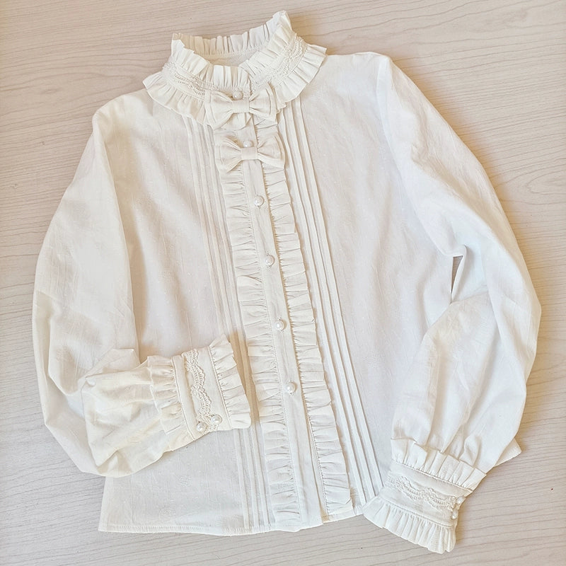 Youlan Lane - Winter Cotton Lolita Blouse White Long Sleeve Stand Collar Shirt white with fleece XS