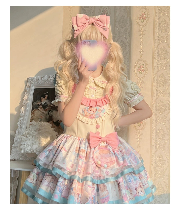 Mewroco - Little Frosty - Kawaii Lolita Summer Blouse Multicolors S yellow x pink shirt(cotton + polyester)